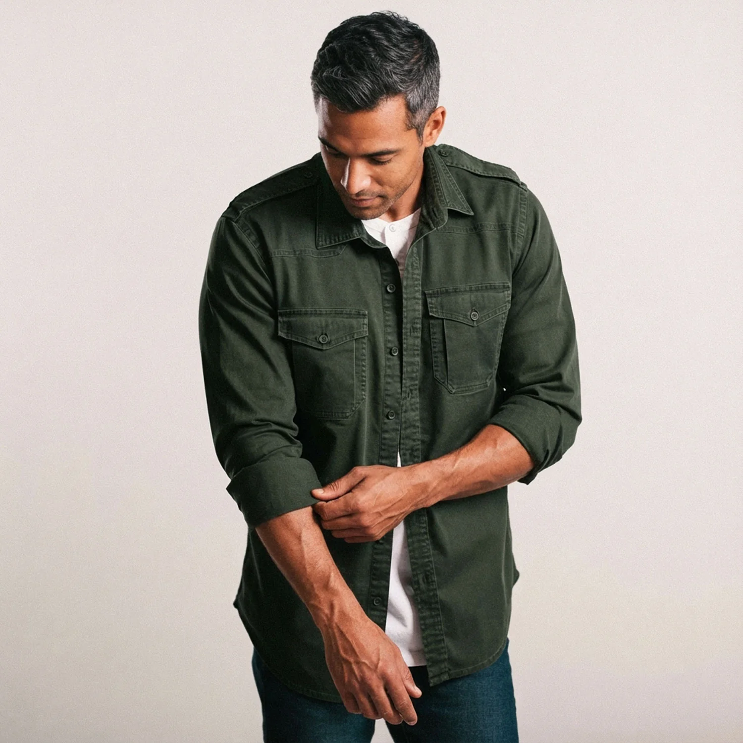 Austin Utility Shirt – Dark Green Cotton Twill - Image 4