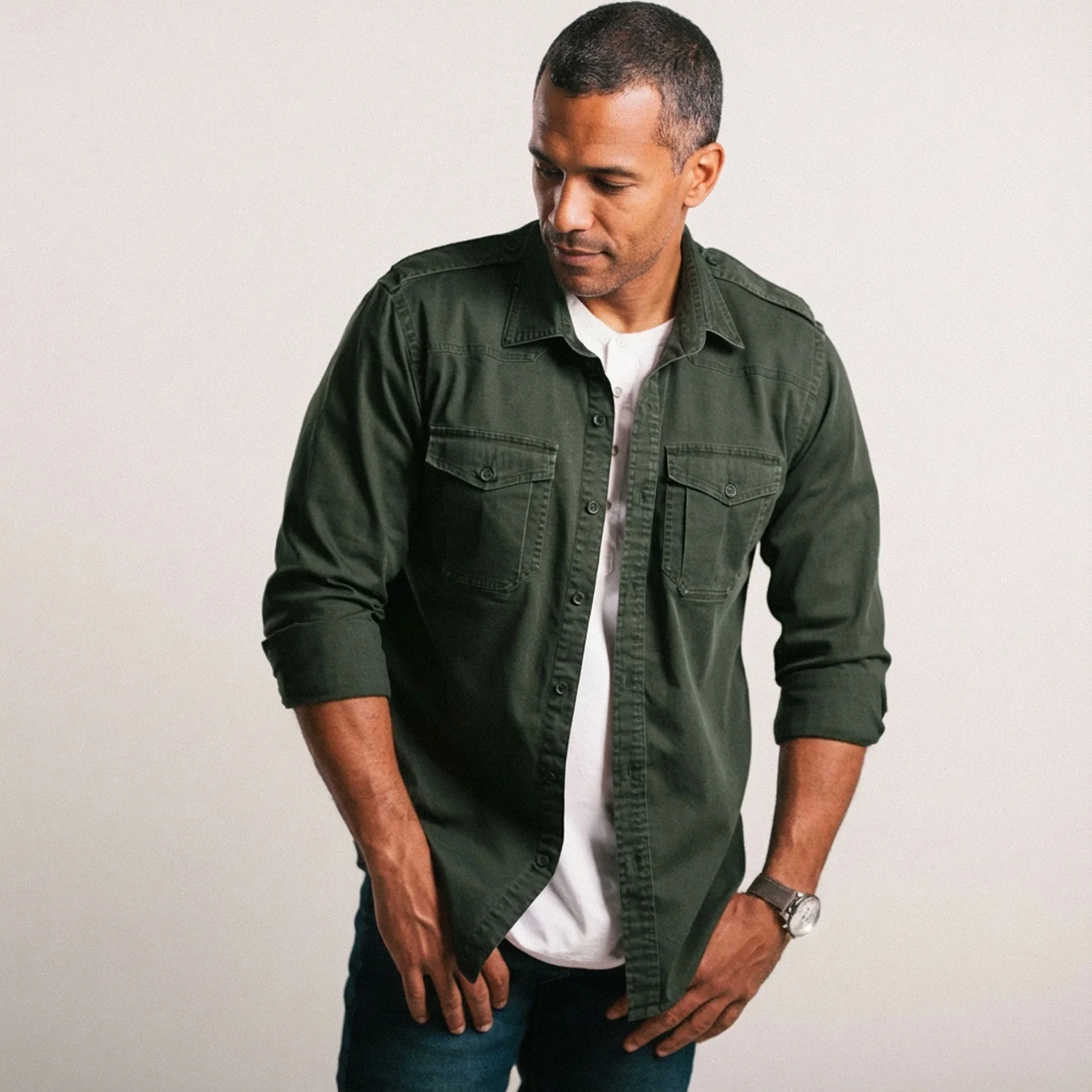 Austin Utility Shirt – Dark Green Cotton Twill - Image 6