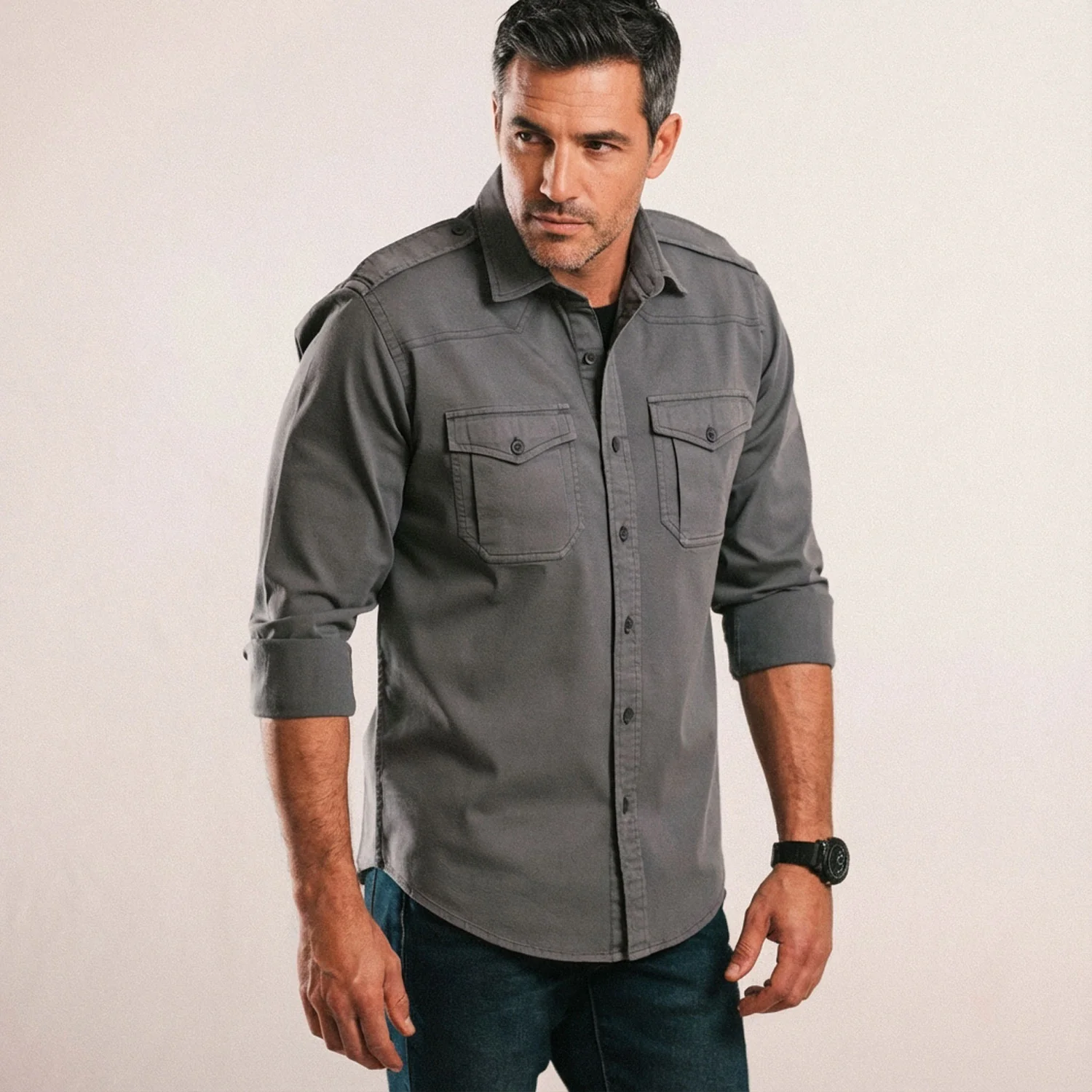 Austin Utility Shirt – Slate Gray Cotton Twill - Image 4