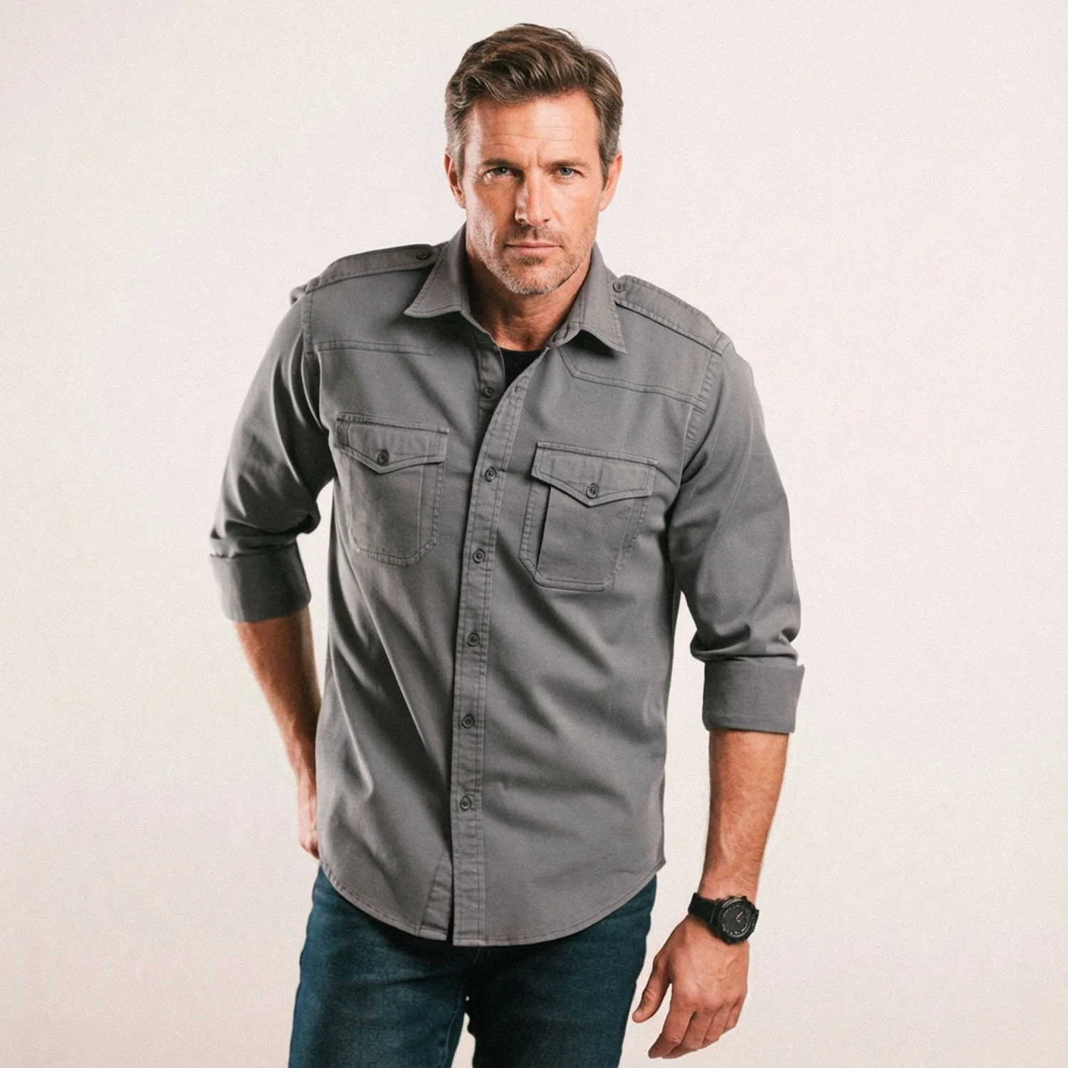 Austin Utility Shirt – Slate Gray Cotton Twill - Image 5
