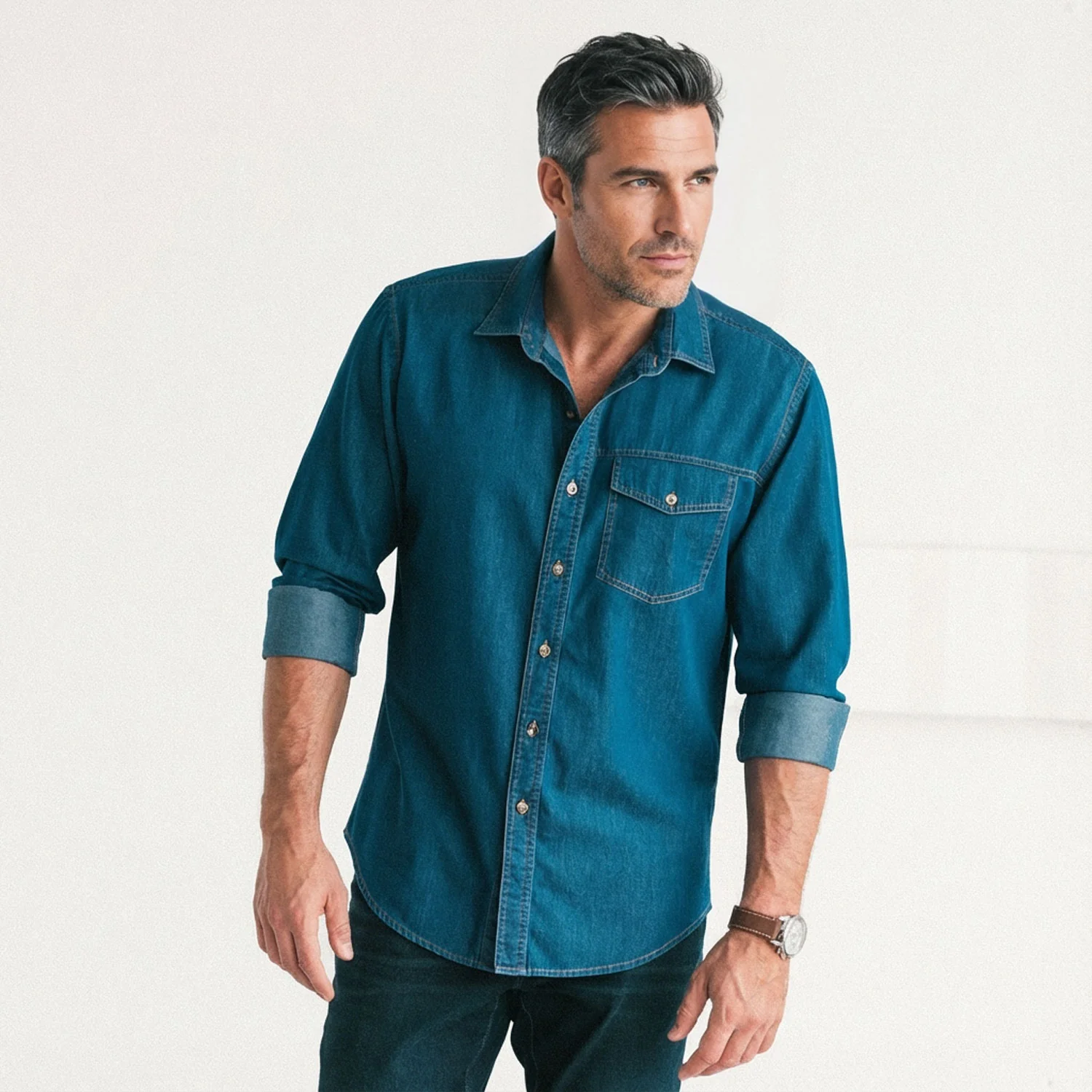 Author Casual Shirt – Medium Blue Cotton Denim - Image 7