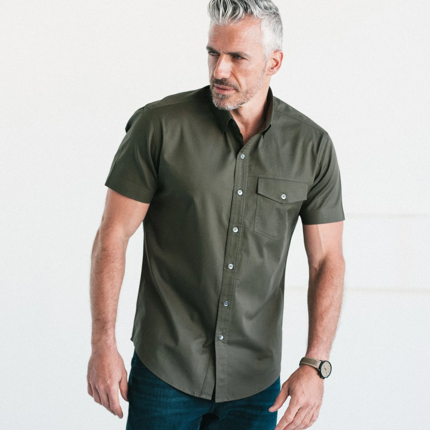 Author Short Sleeve Casual Shirt – Fatigue Green Cotton Twill - Image 4