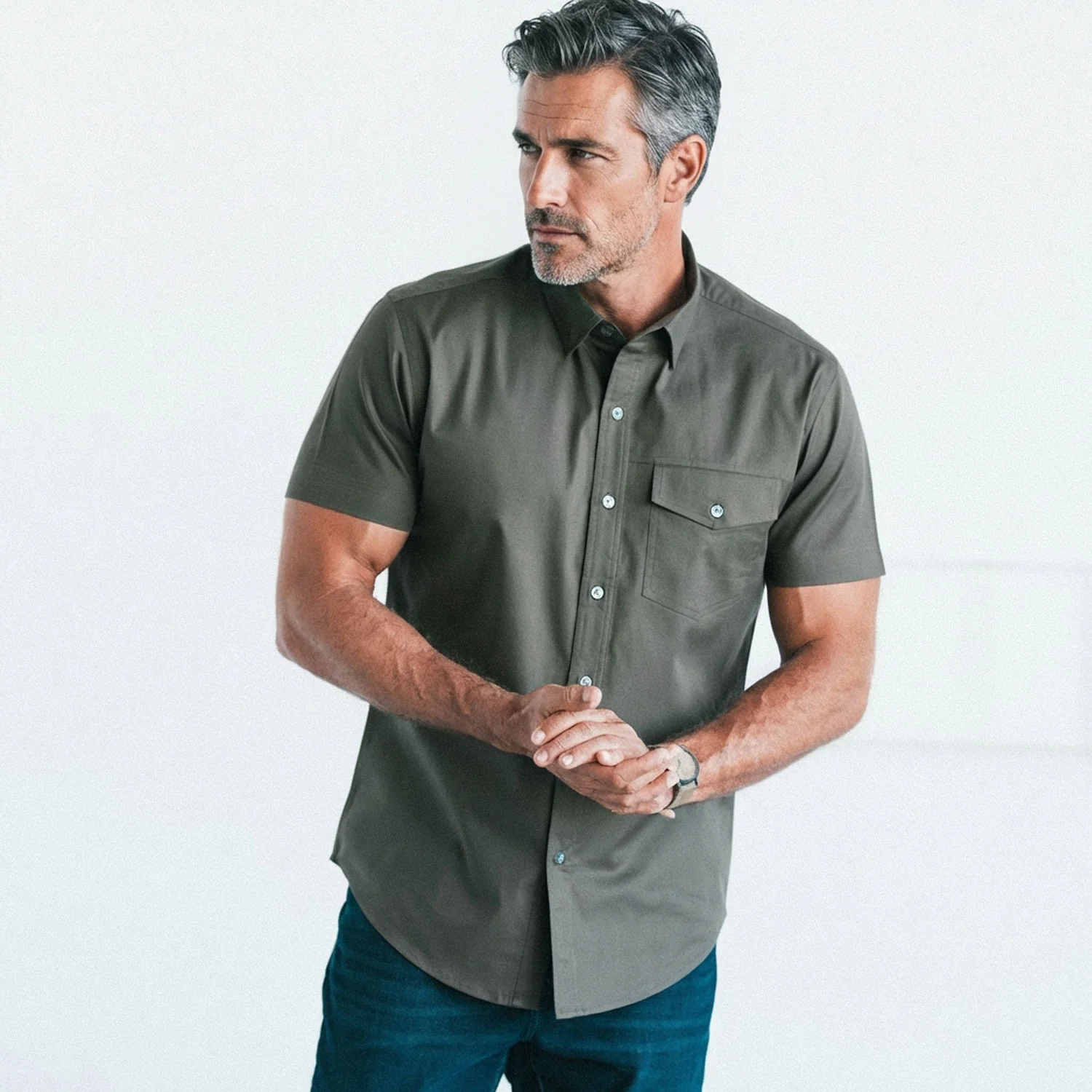 Author Short Sleeve Casual Shirt – Fatigue Green Cotton Twill - Image 5