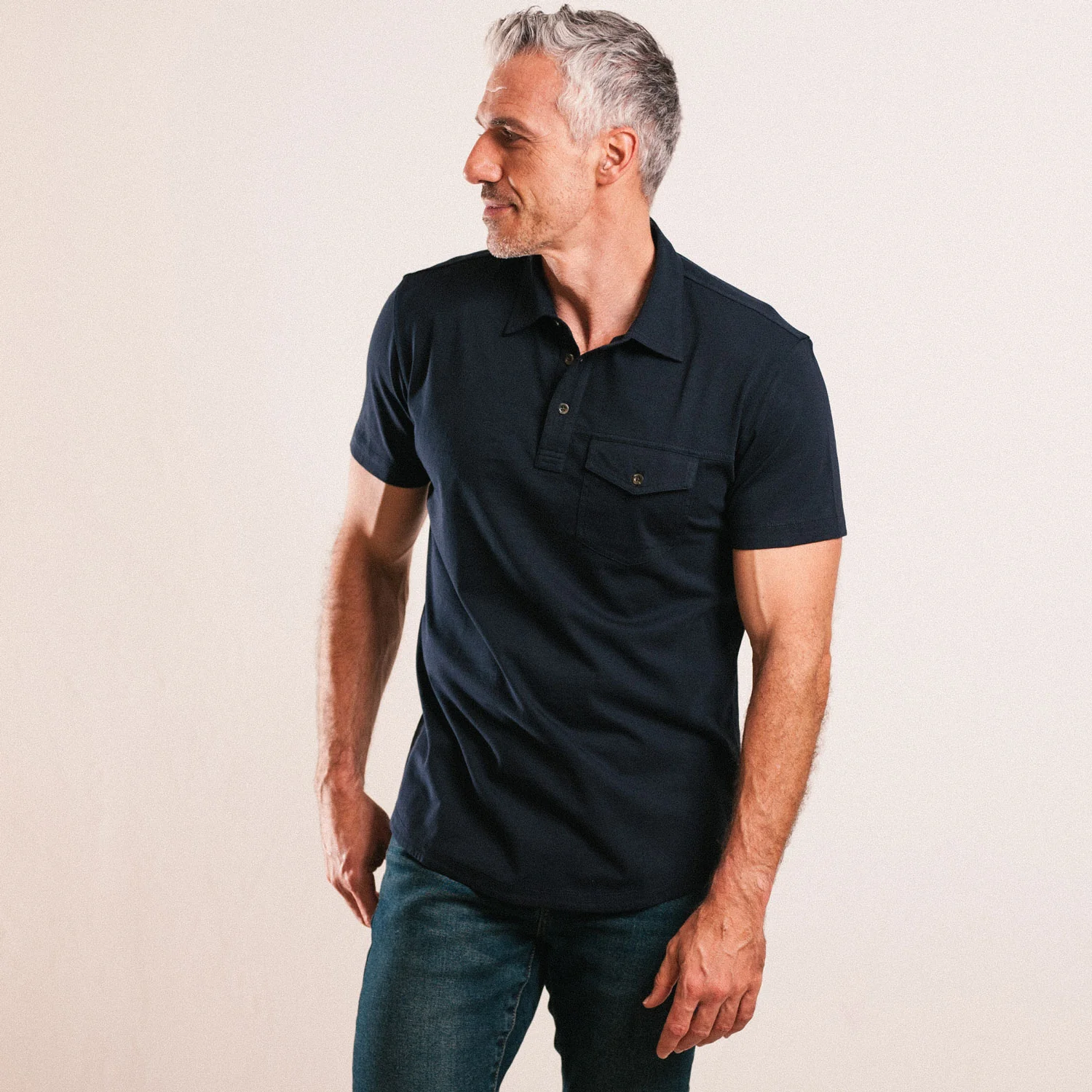 Author Short Sleeve Polo Shirt – Dark Navy Cotton Jersey - Image 4