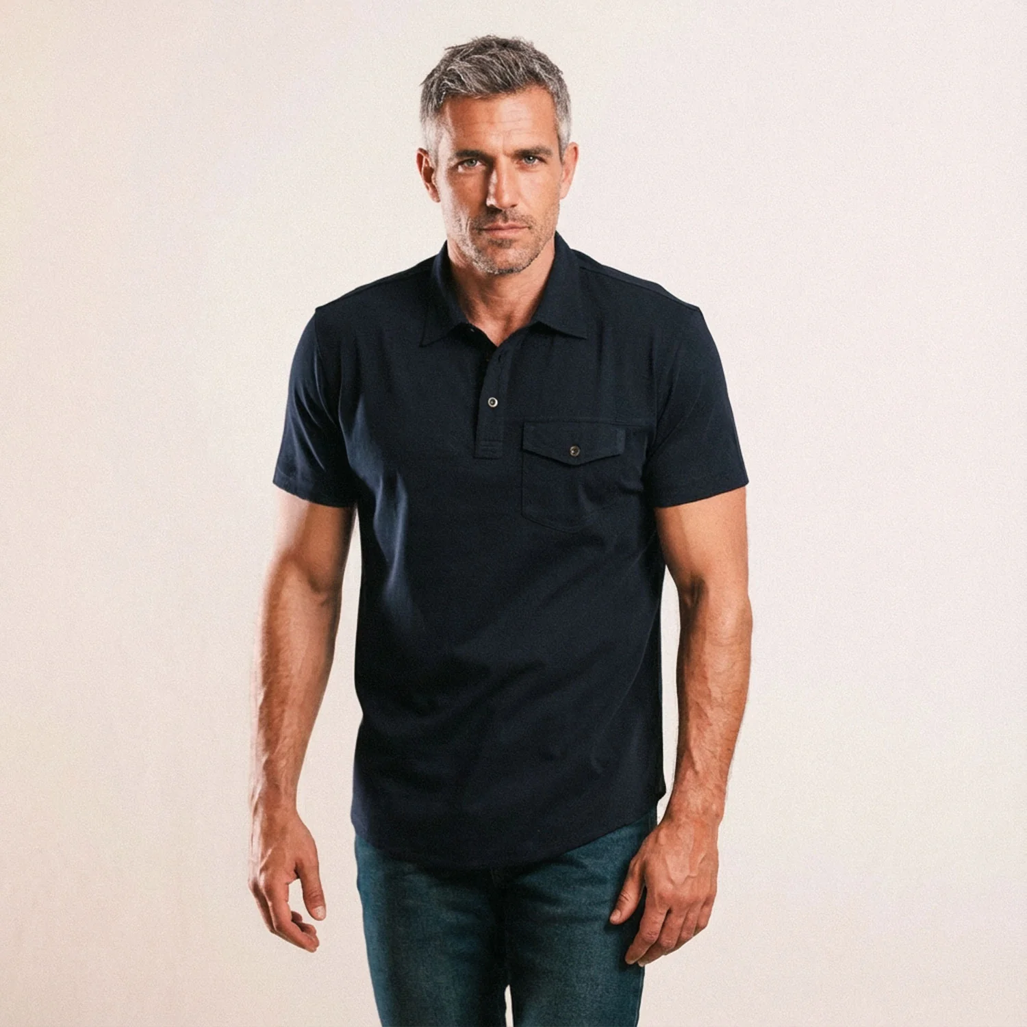 Author Short Sleeve Polo Shirt – Dark Navy Cotton Jersey - Image 5