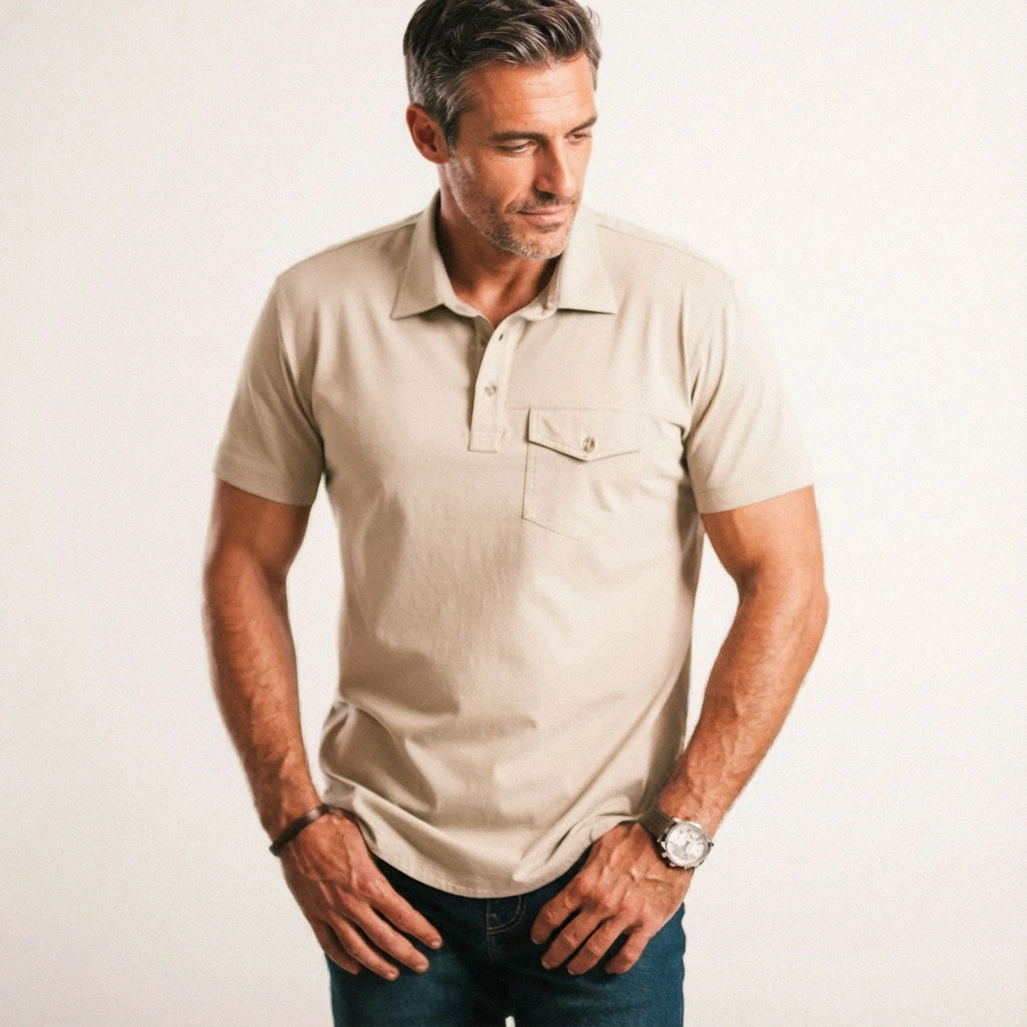 Author Short Sleeve Polo Shirt – Desert Sand Cotton Jersey - Image 4