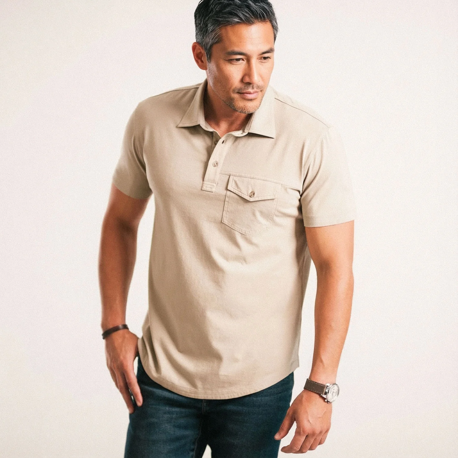 Author Short Sleeve Polo Shirt – Desert Sand Cotton Jersey - Image 5