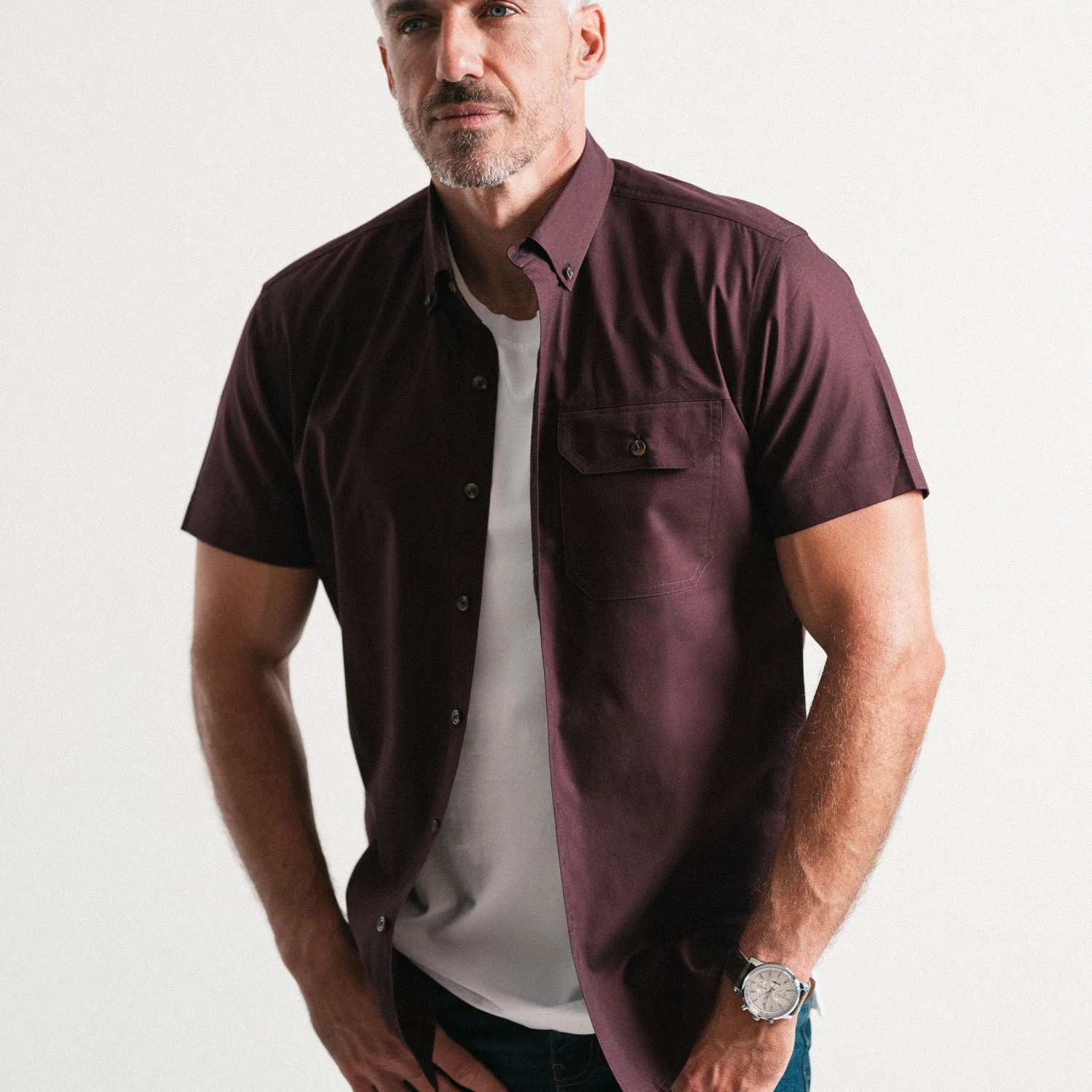 Builder Short Sleeve Casual Shirt – Burgundy Cotton Oxford - Image 5