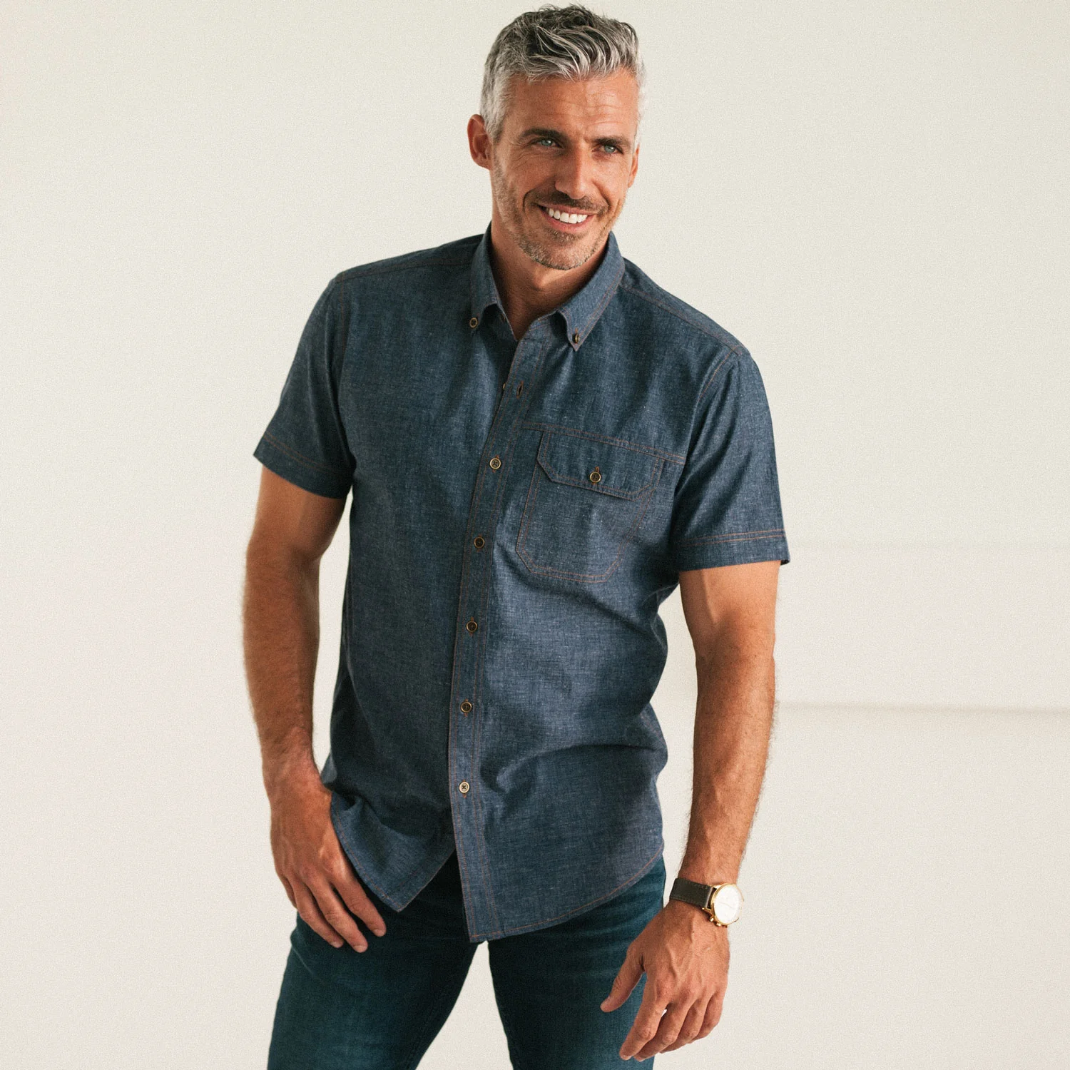 Builder Short Sleeve Casual Shirt – Navy Cotton End-on-end - Image 4