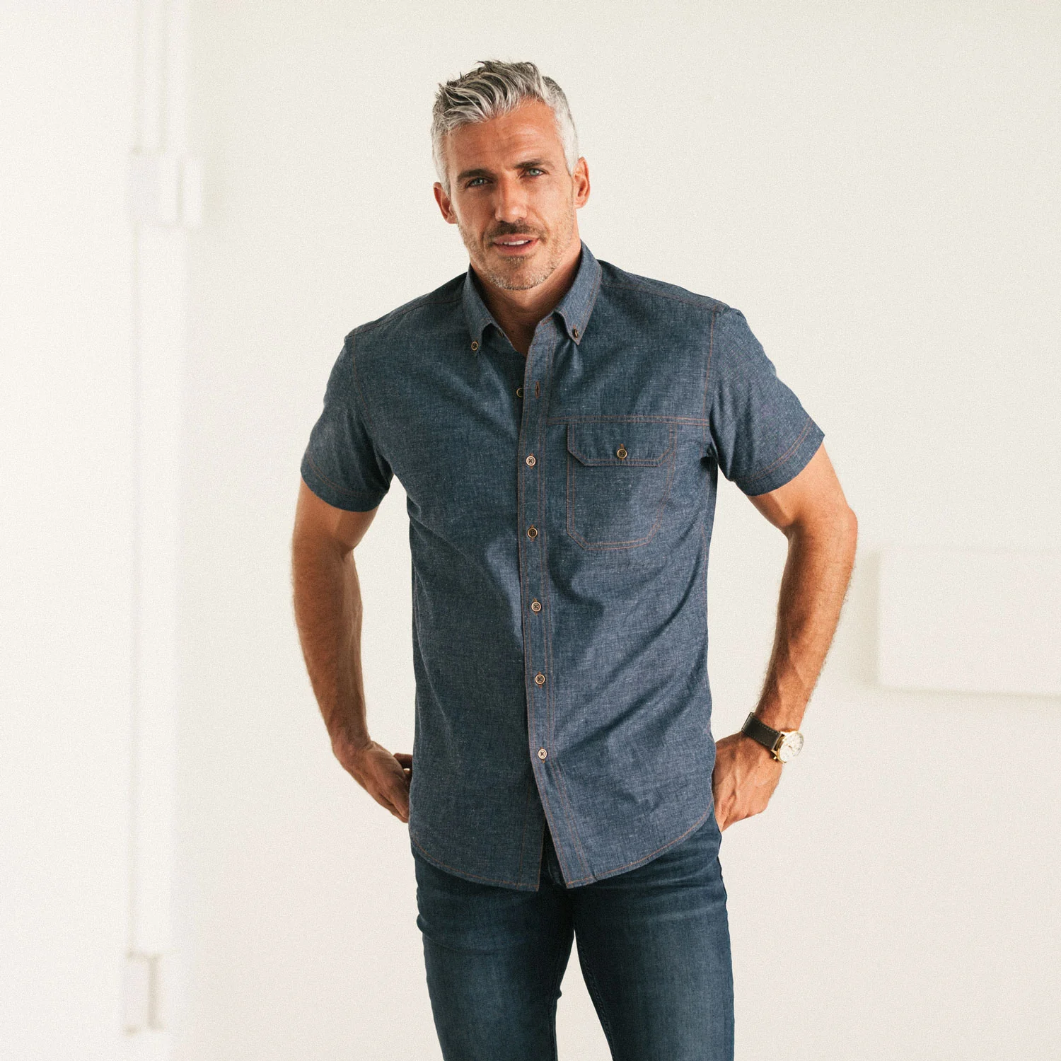 Builder Short Sleeve Casual Shirt – Navy Cotton End-on-end - Image 5