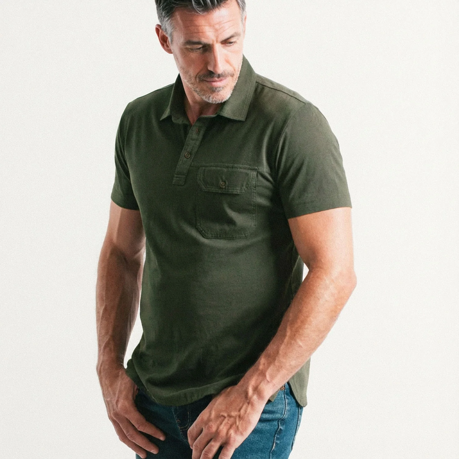 Builder Short Sleeve Polo Shirt – Olive Green Cotton Jersey - Image 6