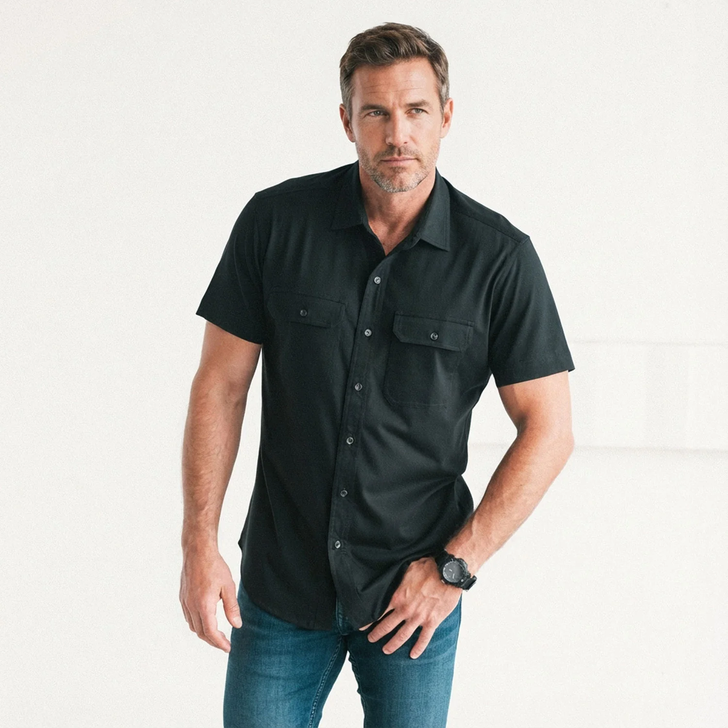 Constructor Knit Utility Short Sleeve Shirt – Black Cotton Jersey