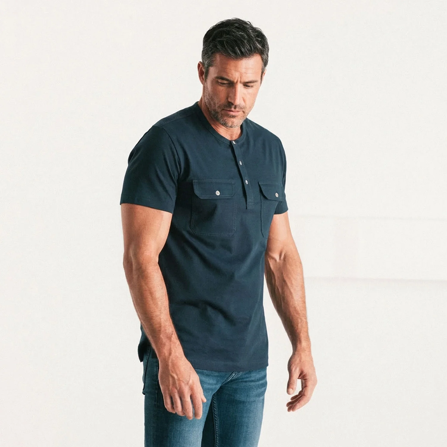 Constructor Short Sleeve Henley Shirt – Navy Cotton Jersey