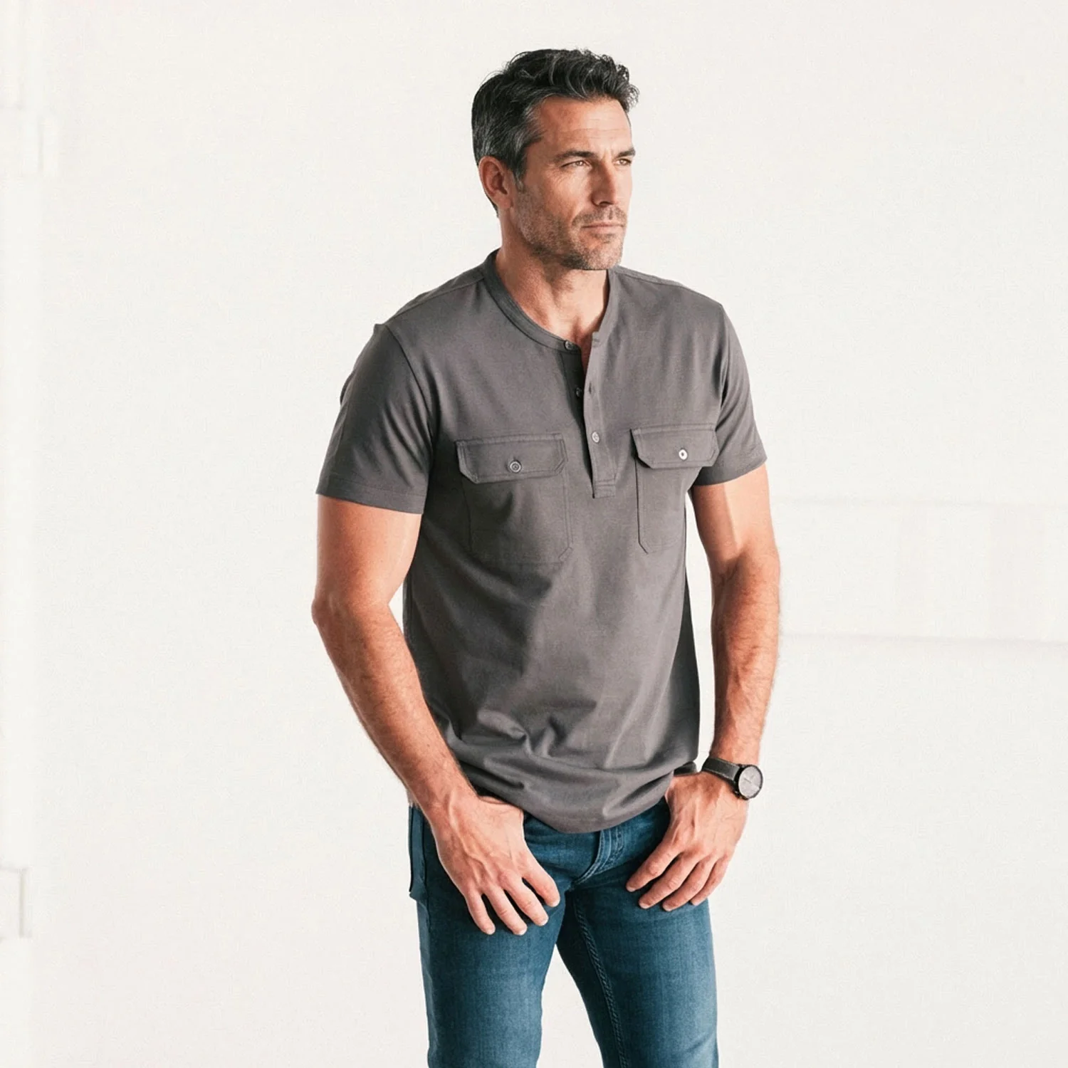Constructor Short Sleeve Henley Shirt – Slate Gray Cotton Jersey