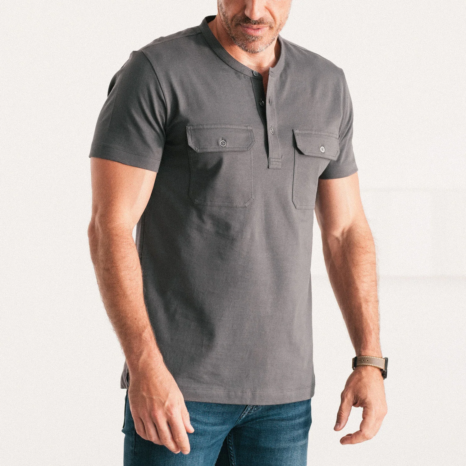 Constructor Short Sleeve Henley Shirt – Slate Gray Cotton Jersey - Image 4