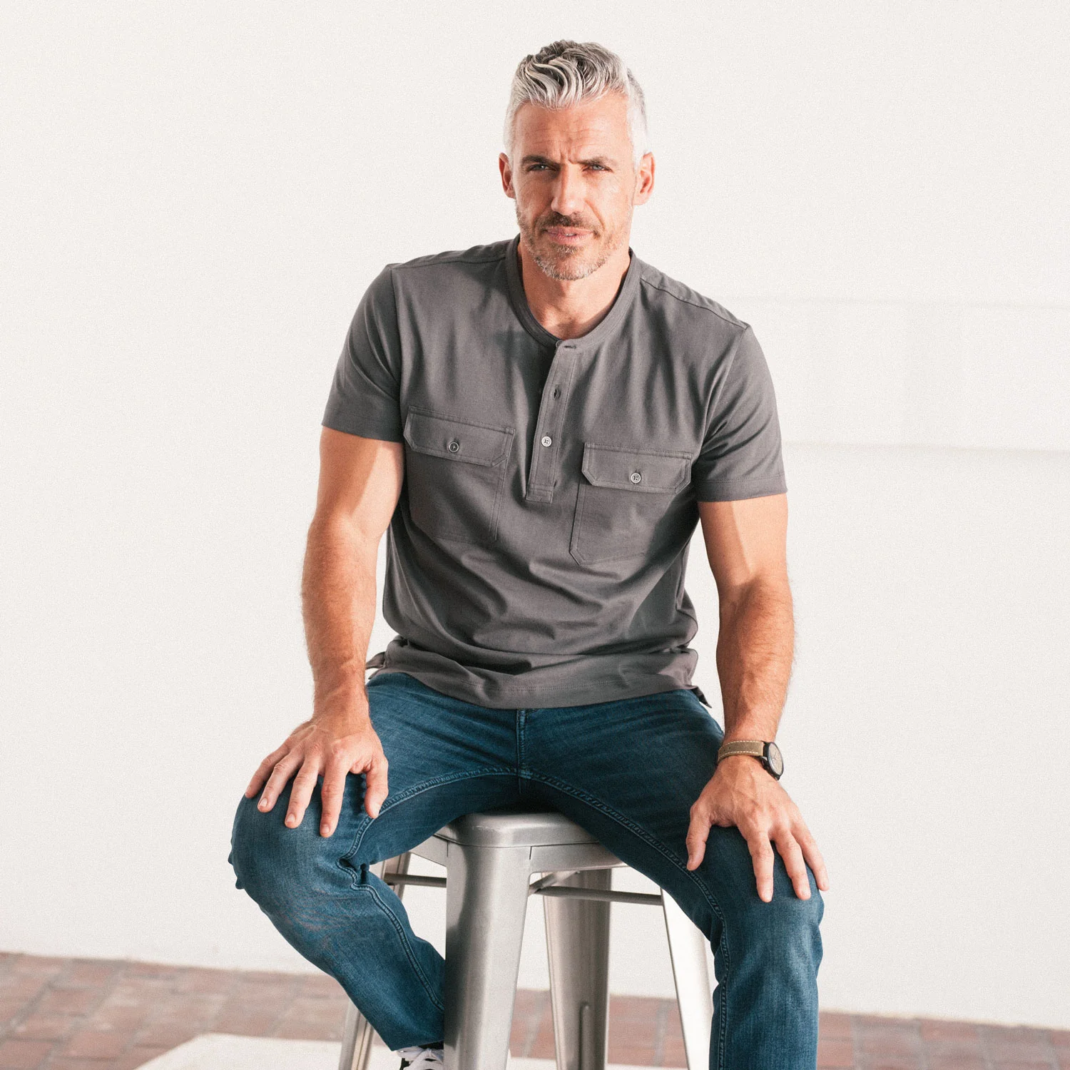 Constructor Short Sleeve Henley Shirt – Slate Gray Cotton Jersey - Image 5