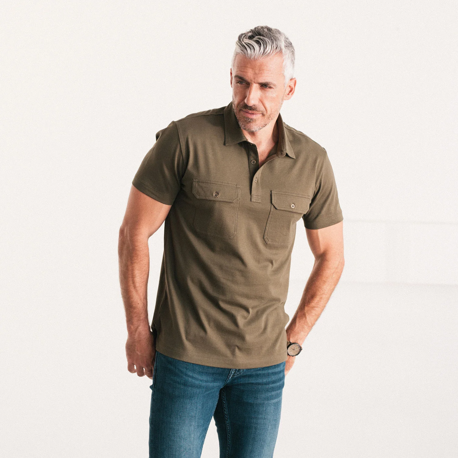 Constructor Short Sleeve Polo Shirt – Olive Green Cotton Jersey - Image 4