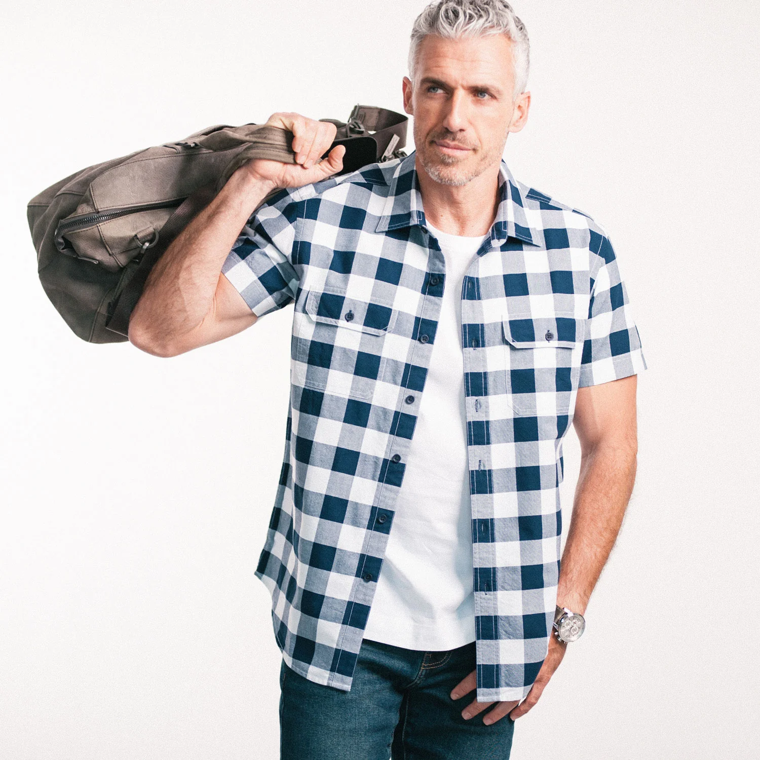 Constructor Short Sleeve Utility Shirt – Navy Cotton Oxford Check - Image 4