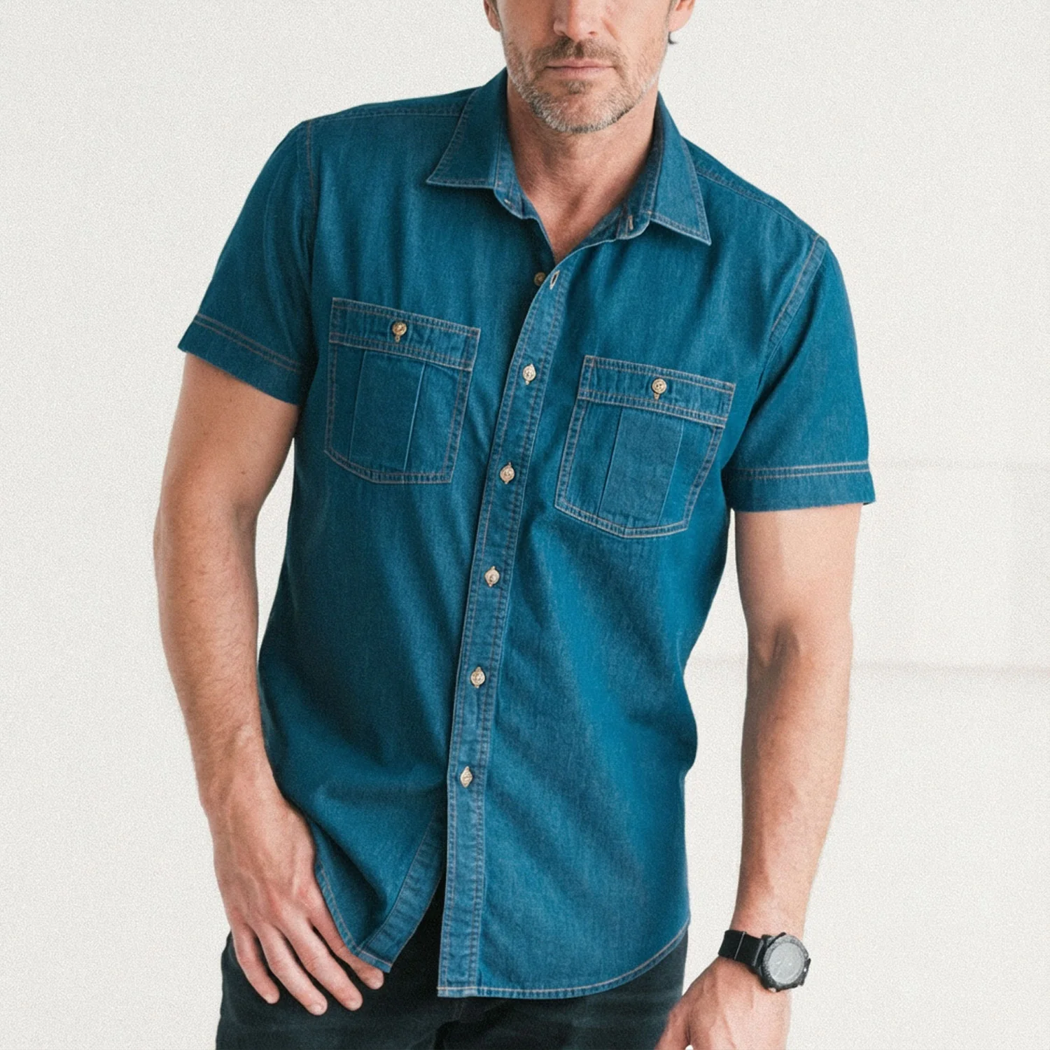 Craftsman Short Sleeve Utility Shirt – Medium Washed Indigo Cotton Denim - Image 4