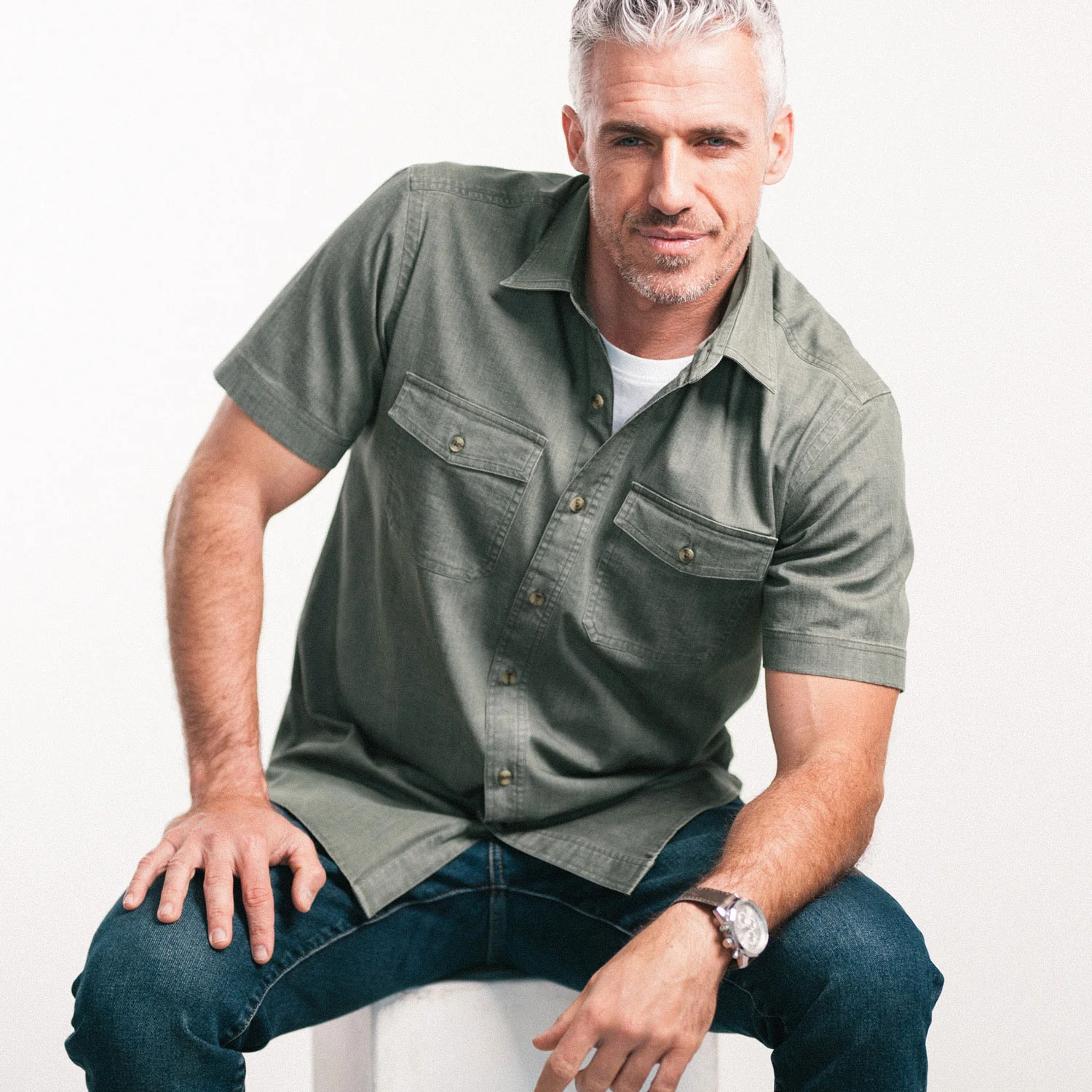 Davis Short Sleeve Utility Shirt – Sage Green Cotton Twill - Image 5