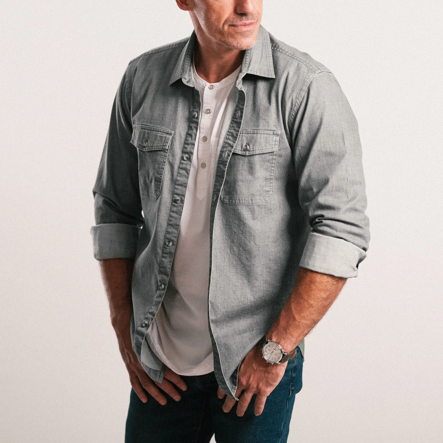 Davis Utility Shirt – Light Gray Cotton Twill - Image 4