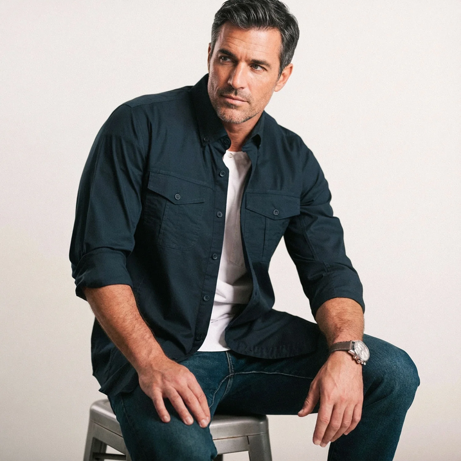 Editor Shirt – Dark Navy Stretch Cotton Poplin - Image 7