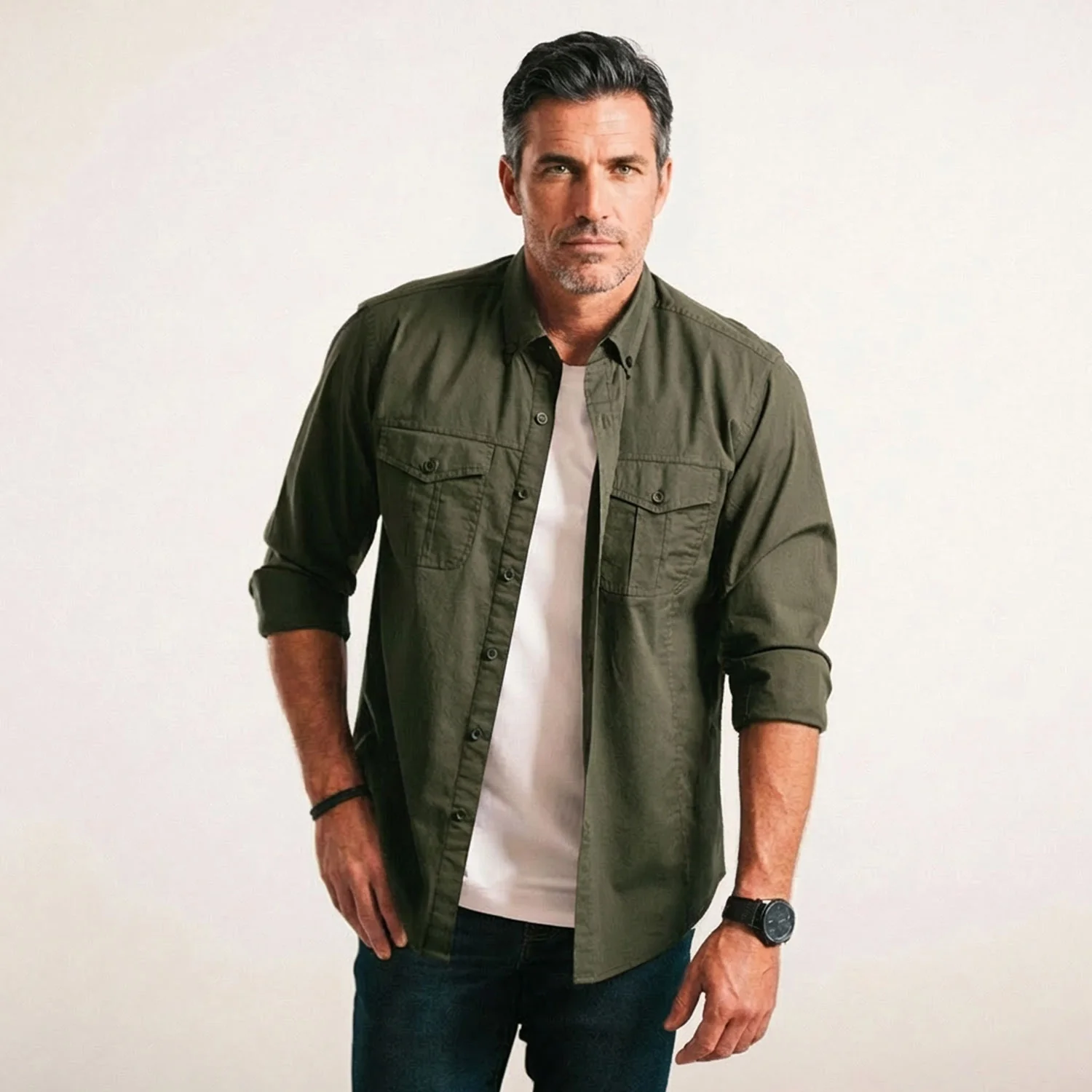 Editor Shirt – Olive Green Stretch Cotton Poplin - Image 5