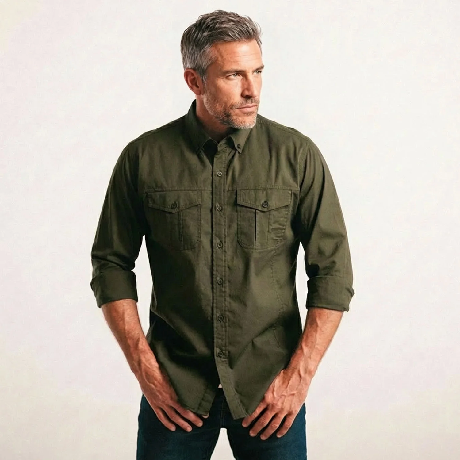 Editor Shirt – Olive Green Stretch Cotton Poplin - Image 7