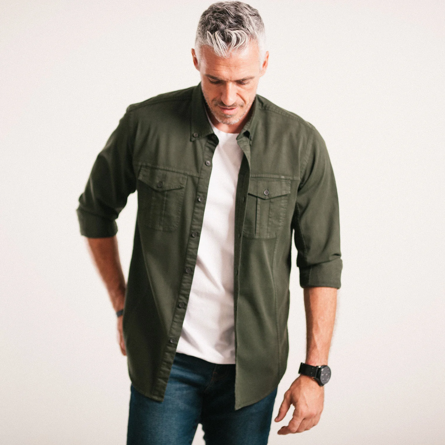 Editor Shirt – Olive Green Stretch Cotton Twill - Image 4