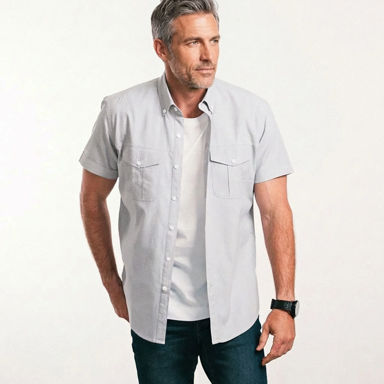 Editor Short Sleeve Utility Shirt – Aluminum Gray Oxford - Image 4