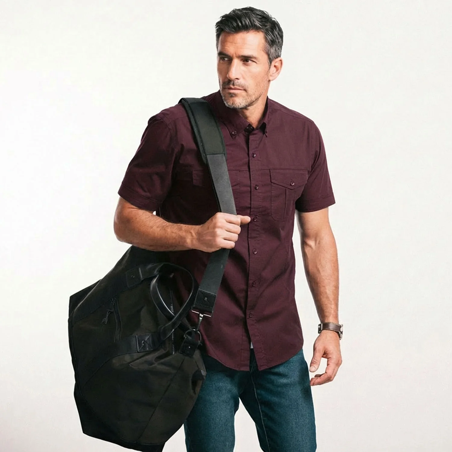 Editor Short Sleeve Utility Shirt – Dark Burgundy Stretch Cotton Poplin - Image 4