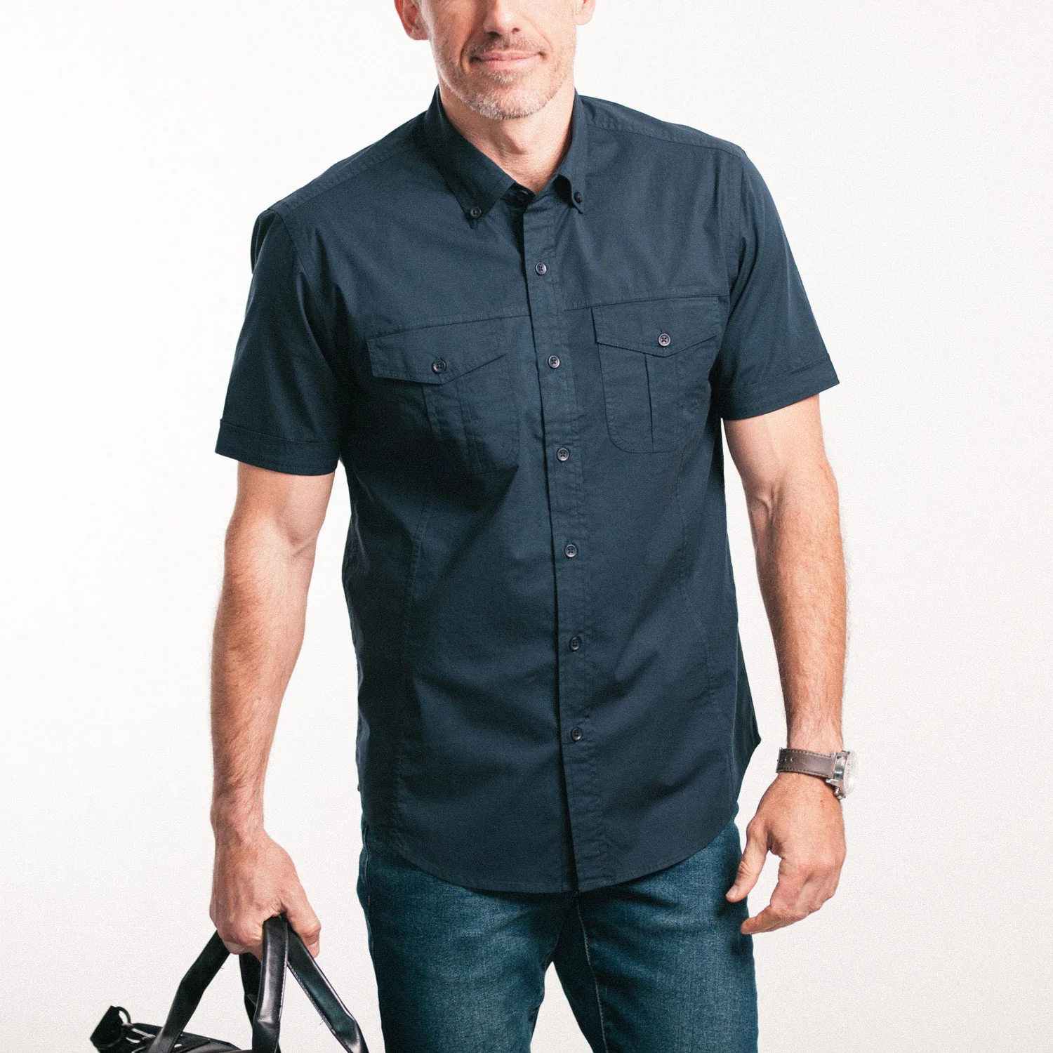 Editor Short Sleeve Utility Shirt – Dark Navy Stretch Cotton Poplin - Image 4
