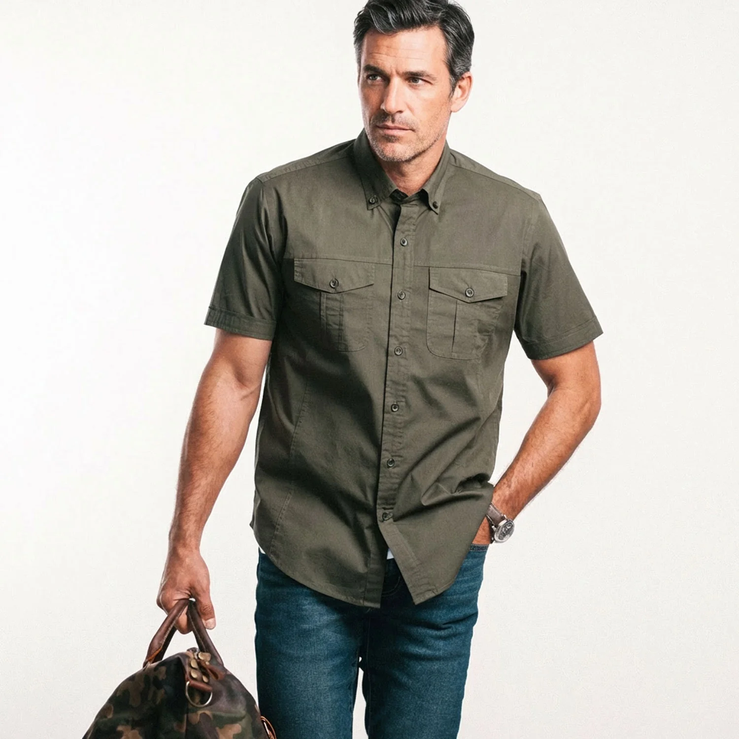 Editor Short Sleeve Utility Shirt – Olive Green Stretch Cotton Poplin