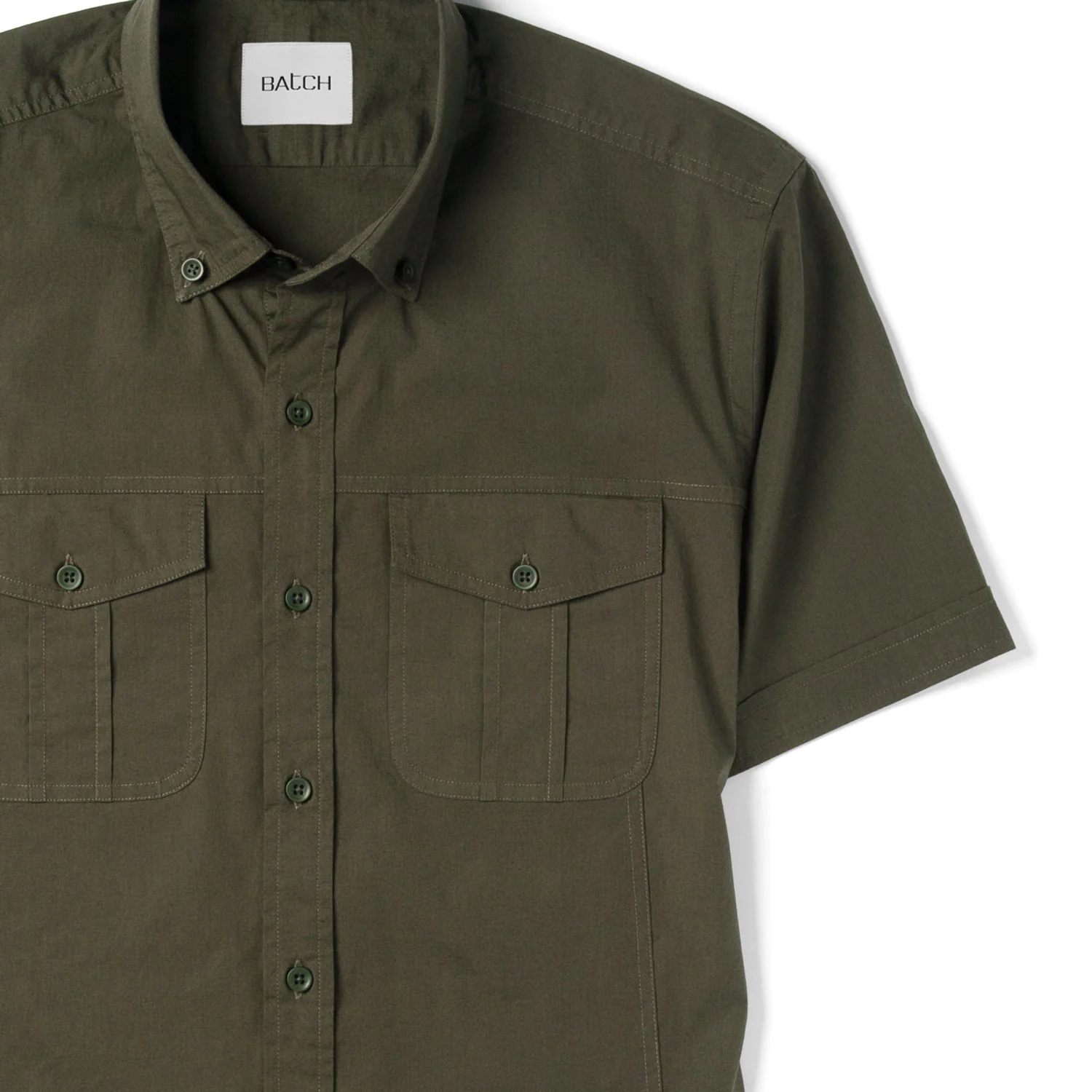 Editor Short Sleeve Utility Shirt – Olive Green Stretch Cotton Poplin - Image 3