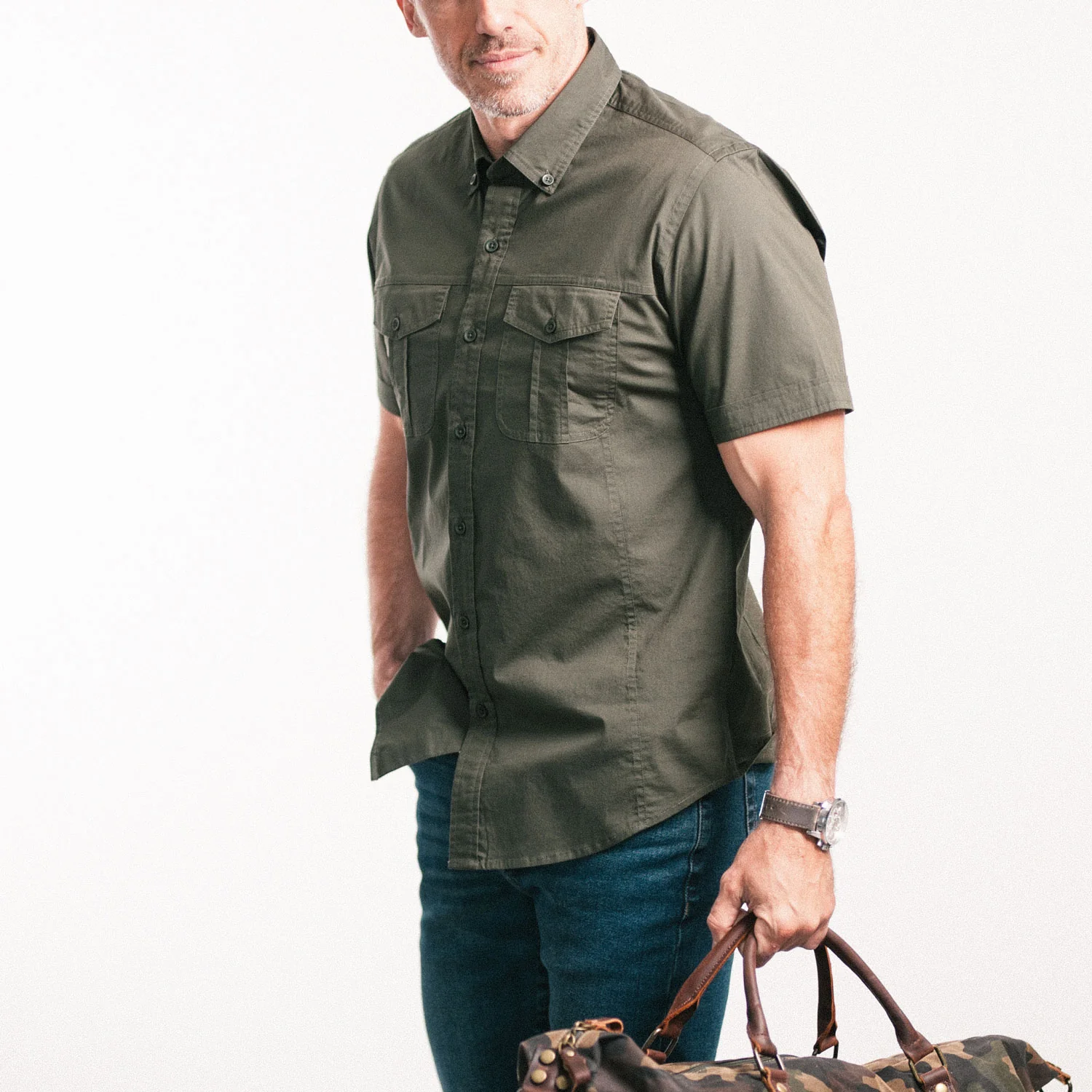Editor Short Sleeve Utility Shirt – Olive Green Stretch Cotton Poplin - Image 4