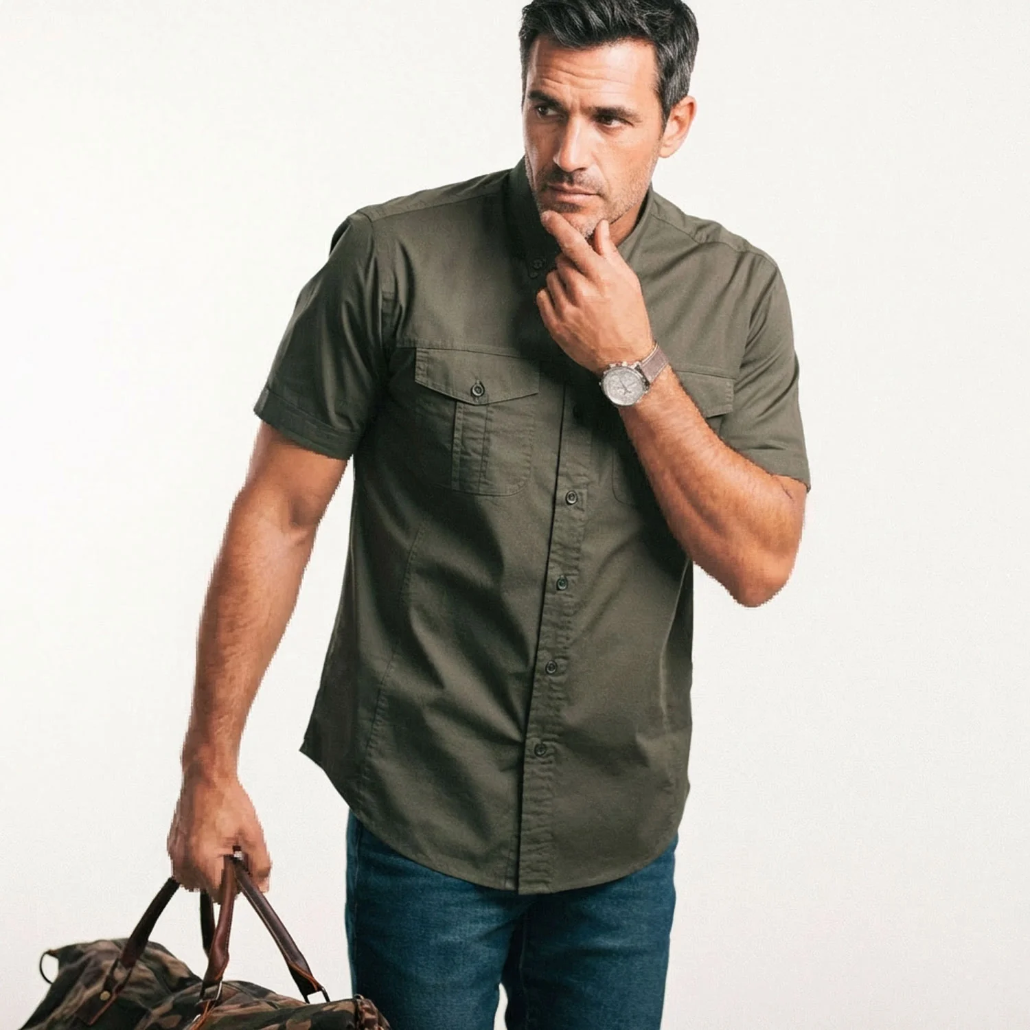 Editor Short Sleeve Utility Shirt – Olive Green Stretch Cotton Poplin - Image 7