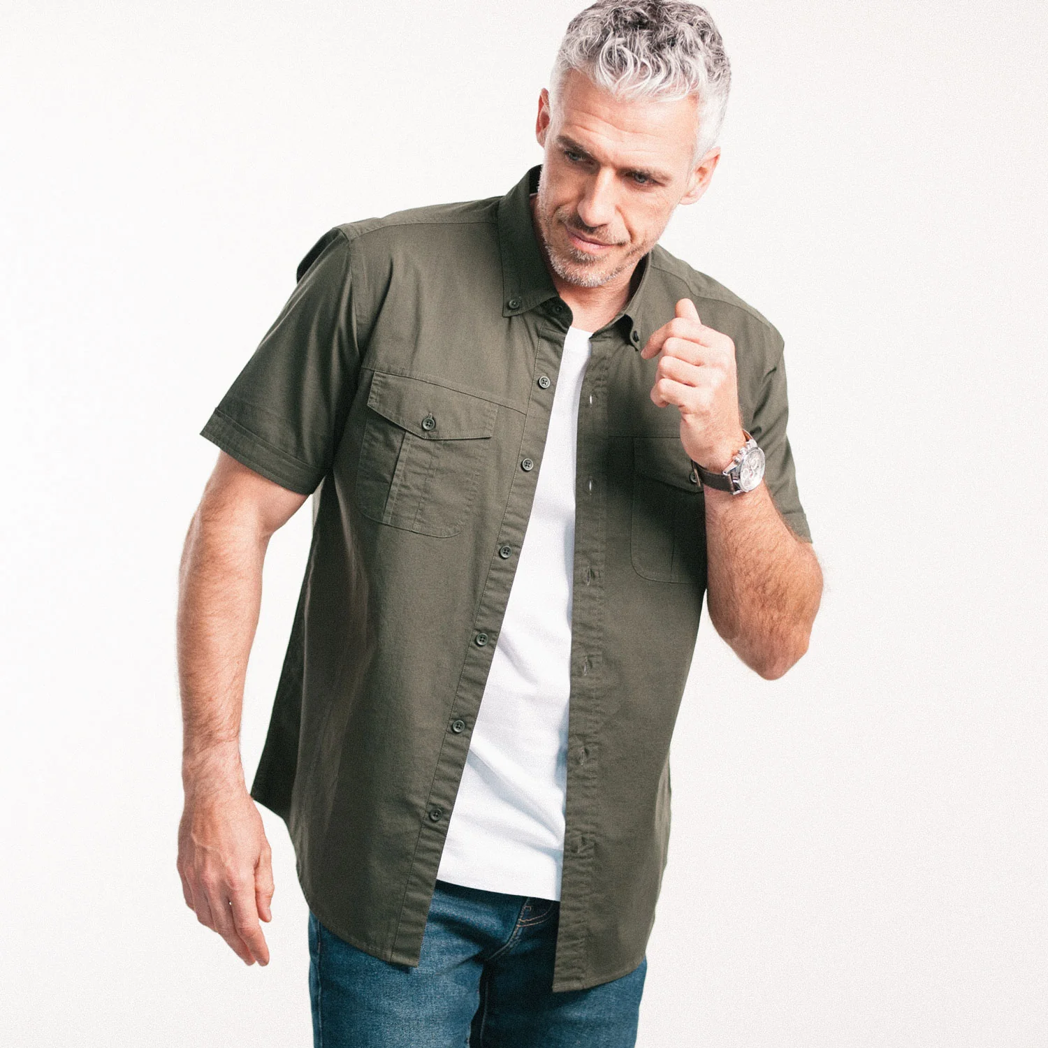 Editor Short Sleeve Utility Shirt – Olive Green Stretch Cotton Poplin - Image 8