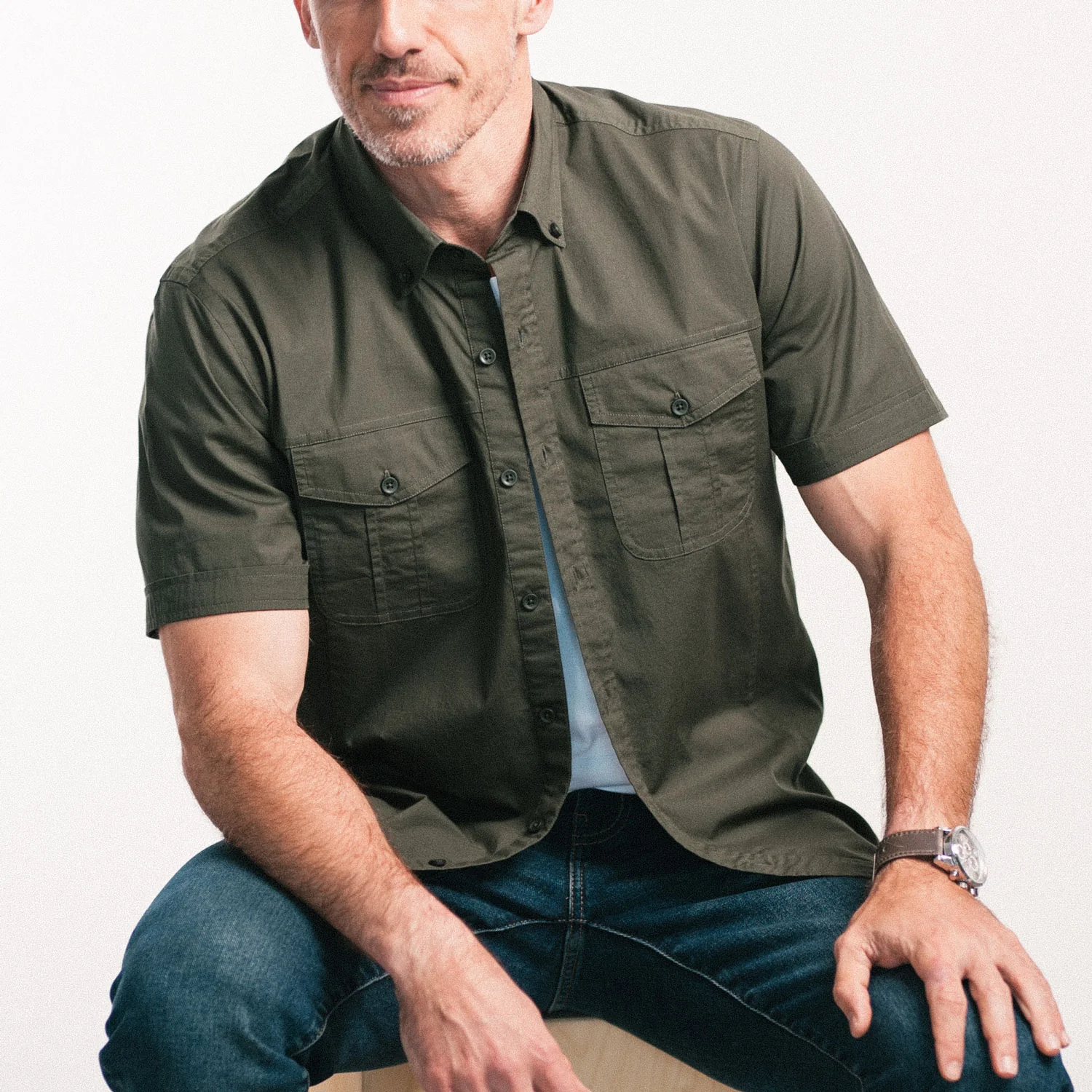 Editor Short Sleeve Utility Shirt – Olive Green Stretch Cotton Poplin - Image 9