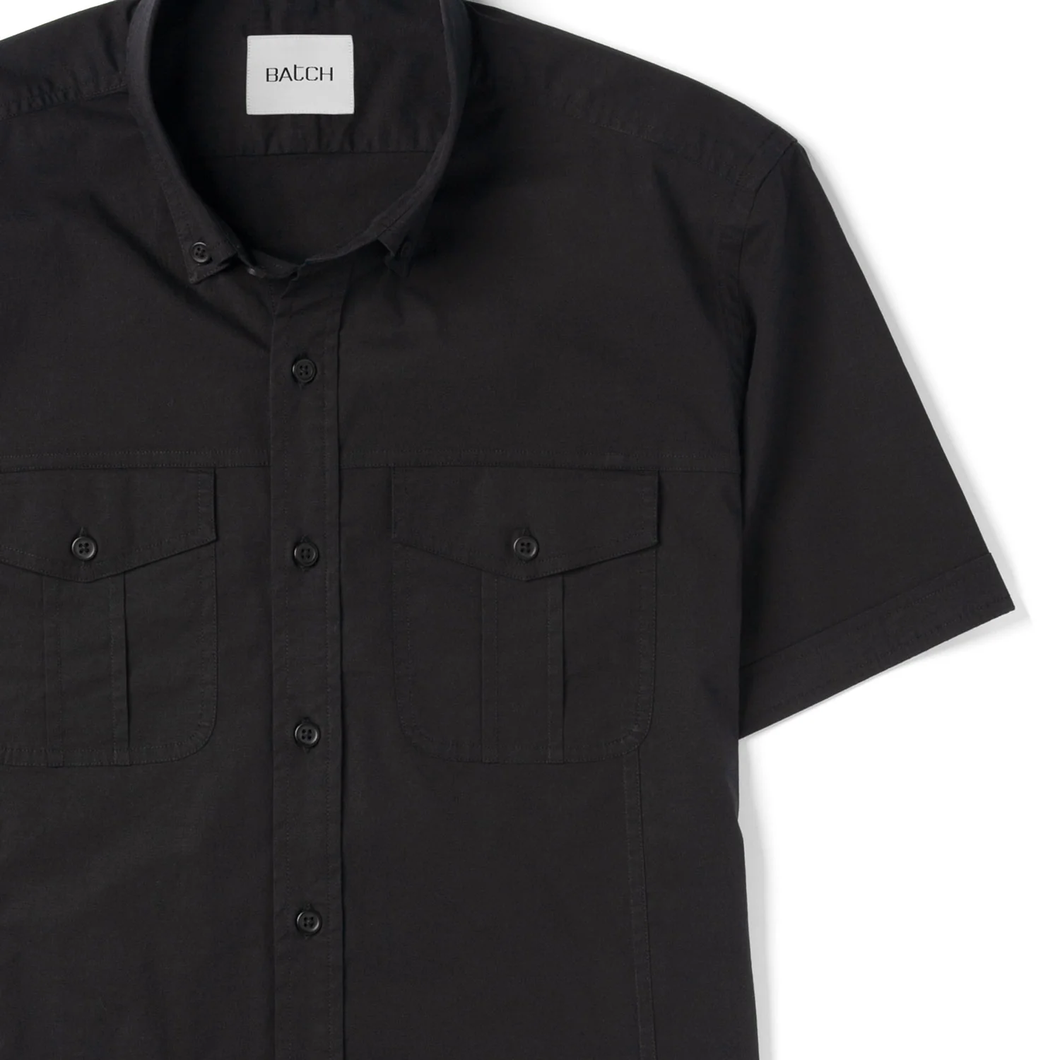 Editor Short Sleeve Utility Shirt – Pure Black Stretch Cotton Poplin - Image 3