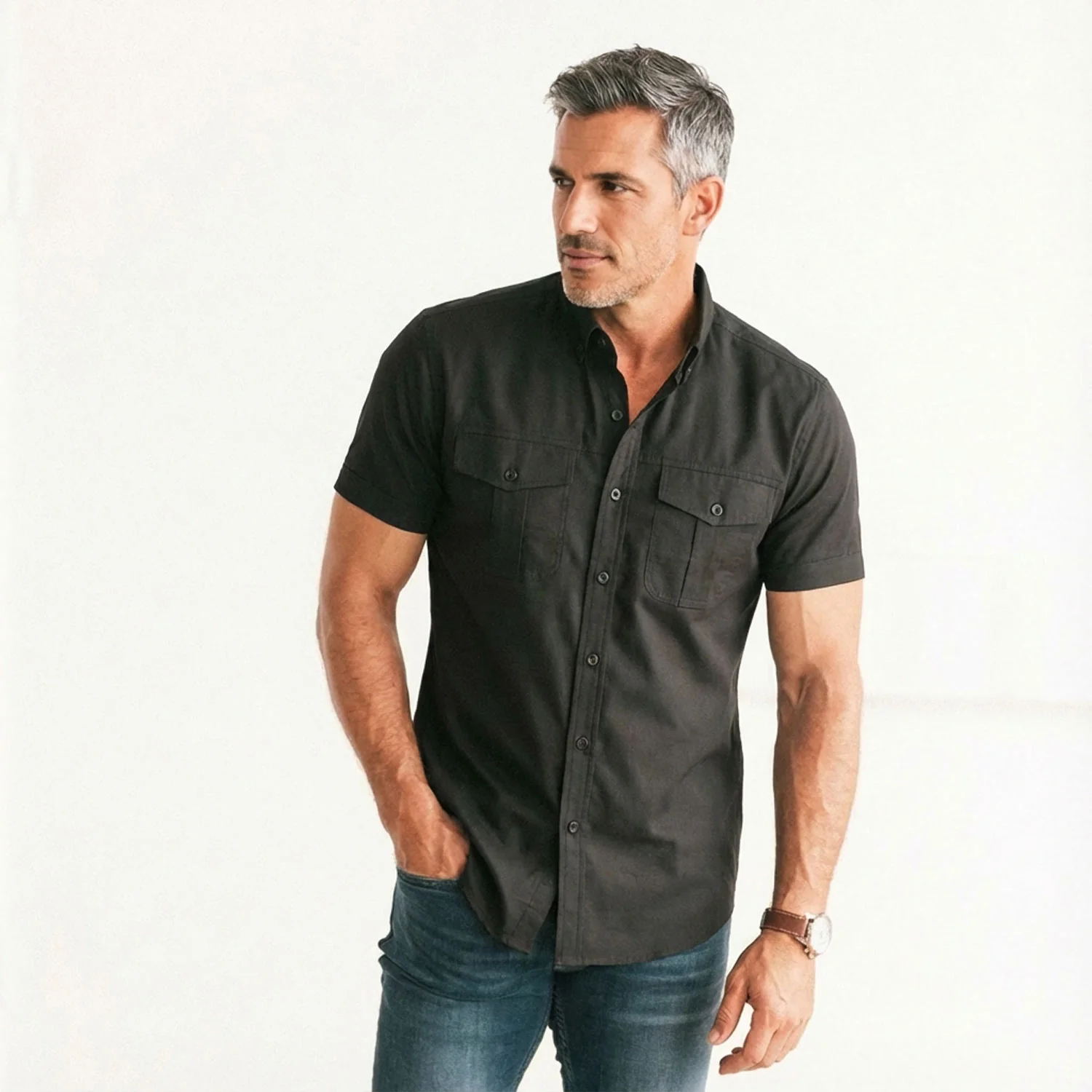 Editor Short Sleeve Utility Shirt – Pure Black Stretch Cotton Poplin - Image 5
