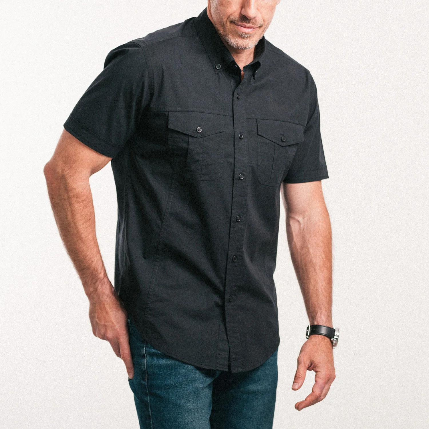 Editor Short Sleeve Utility Shirt – Pure Black Stretch Cotton Poplin - Image 6