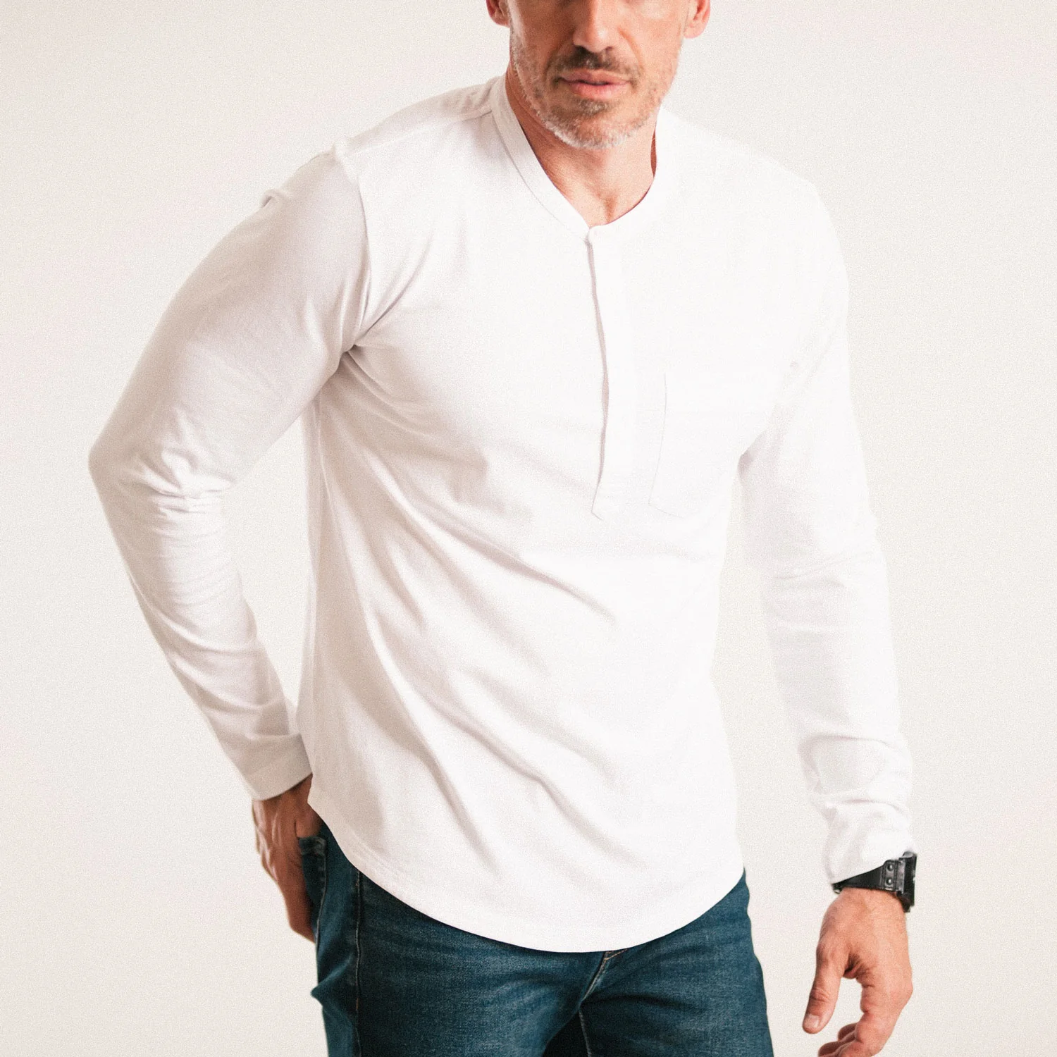 Essential 1 Pocket Henley Shirt –  White Cotton Jersey - Image 4