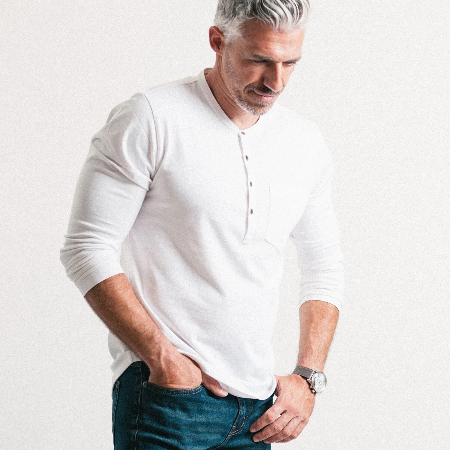 Essential 1 Pocket Henley BB  Shirt –  White Cotton Jersey - Image 5