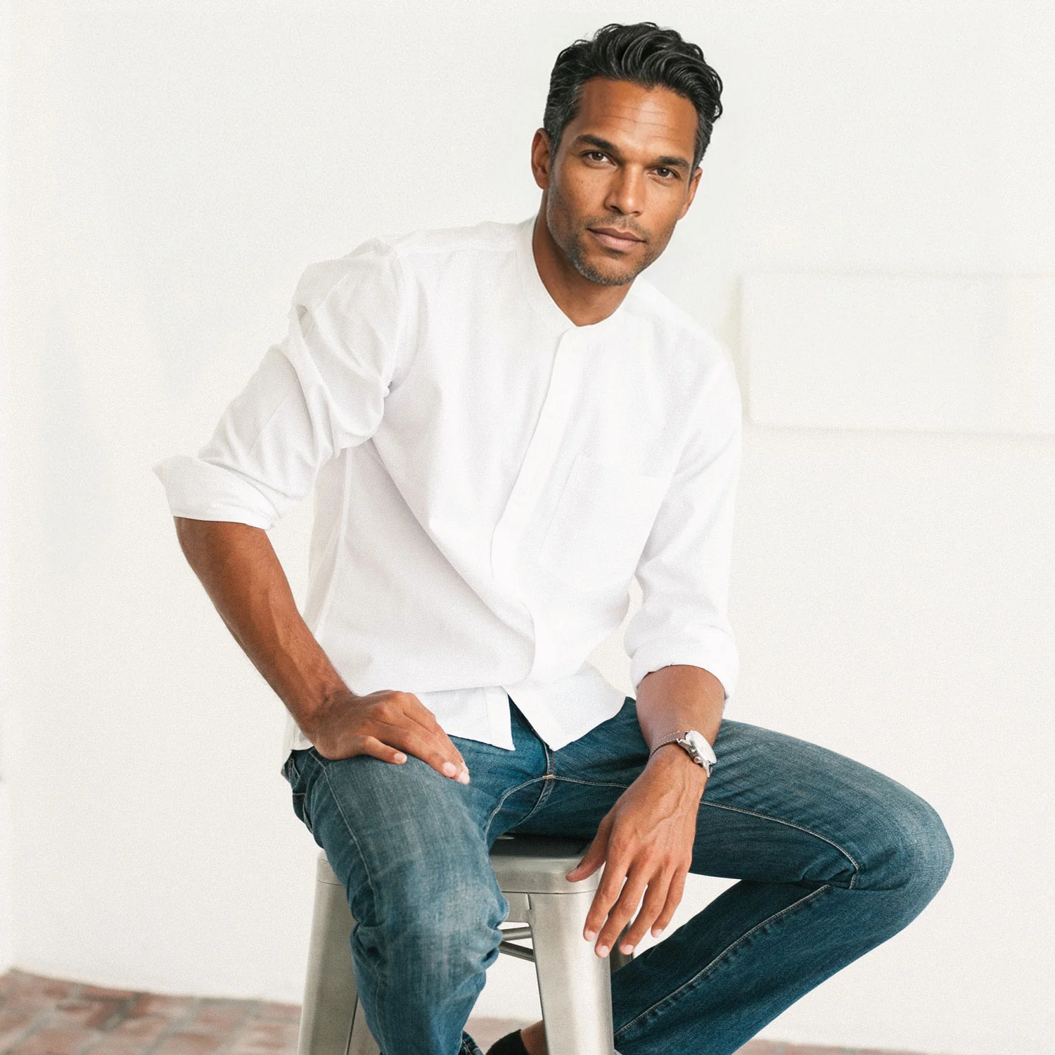 Essential Band Collar 1 Pocket Button Down Shirt - Pure White Cotton Twill - Image 4