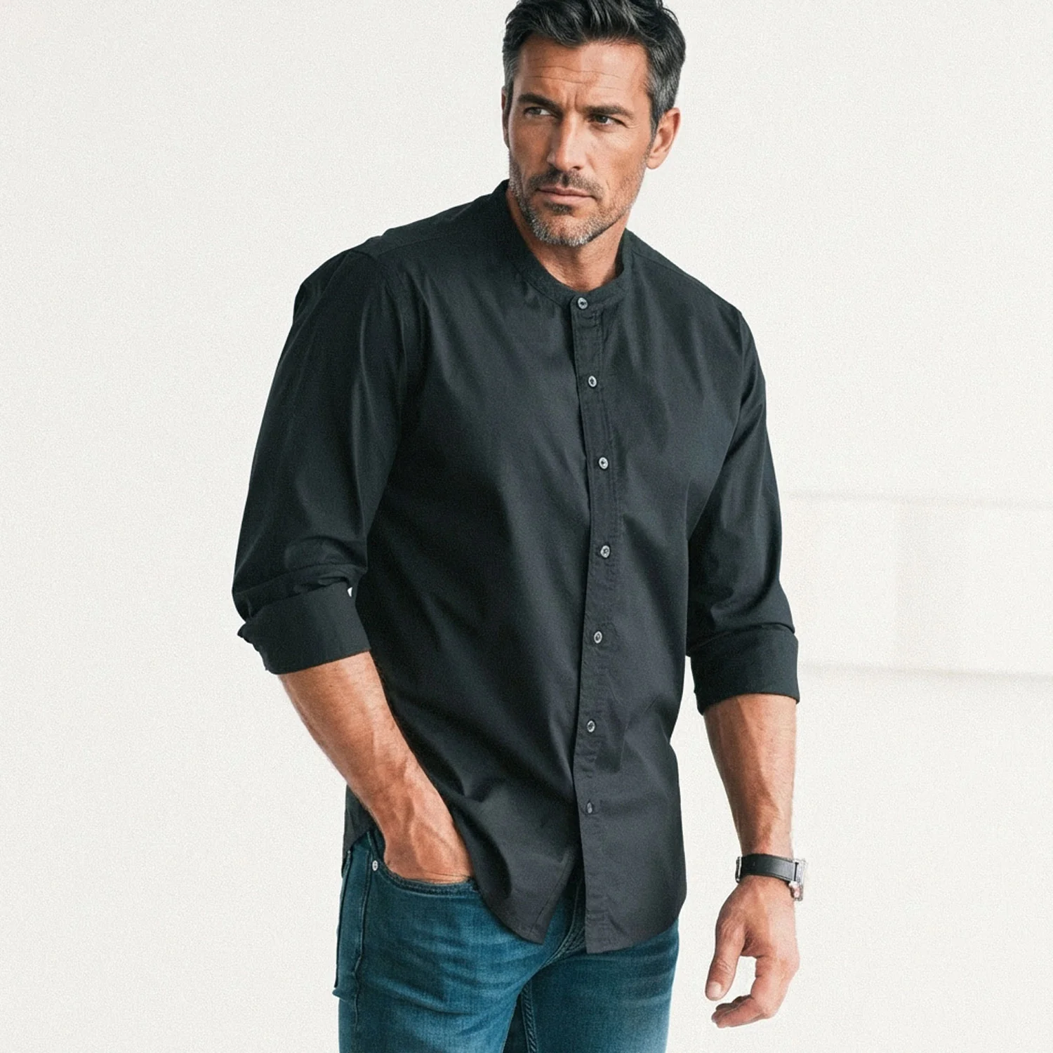 Essential Band Collar Button Down Shirt - Black Cotton Twill - Image 4