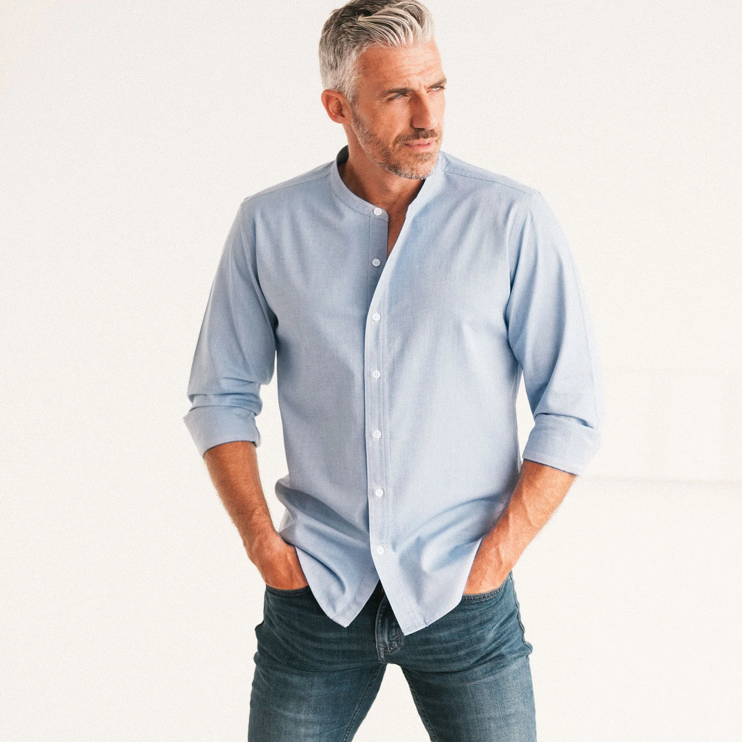 Essential Band Collar Button Down Shirt - Classic Blue Cotton Oxford - Image 4