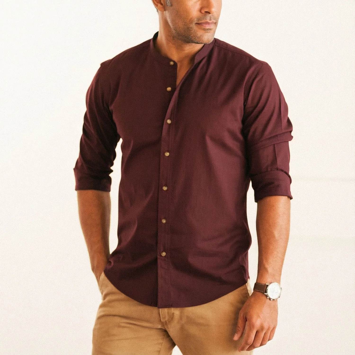 Essential Band Collar Button Down Shirt - Dark Burgundy Cotton Twill