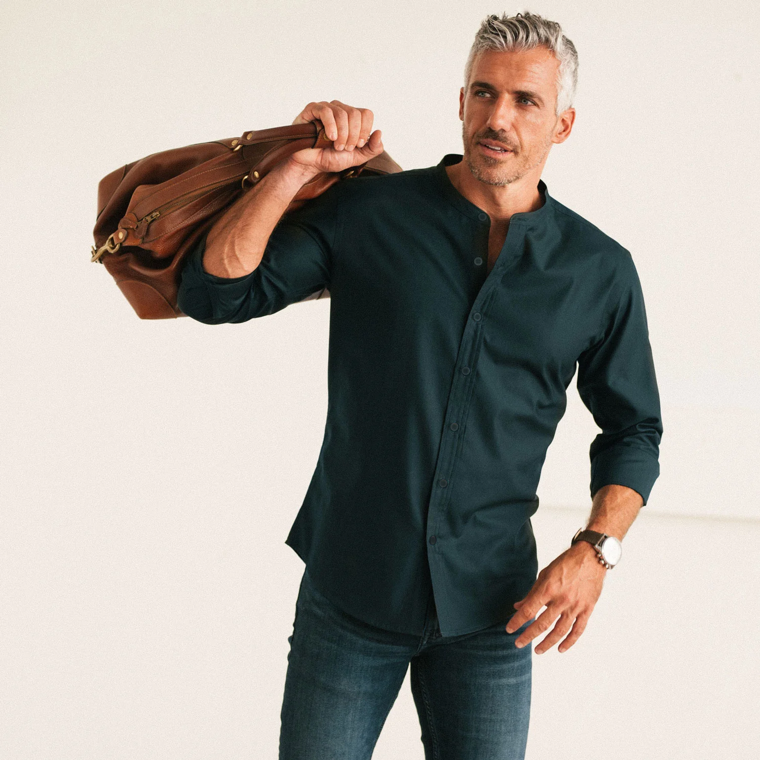 Essential Band Collar Button Down Shirt - Dark Navy Cotton Twill - Image 4
