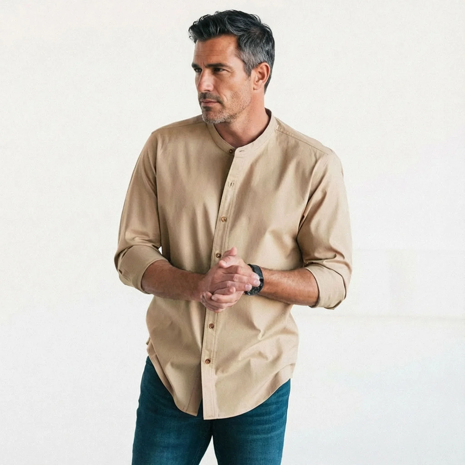 Essential Band Collar Button Down Shirt - Desert Stone Cotton Twill