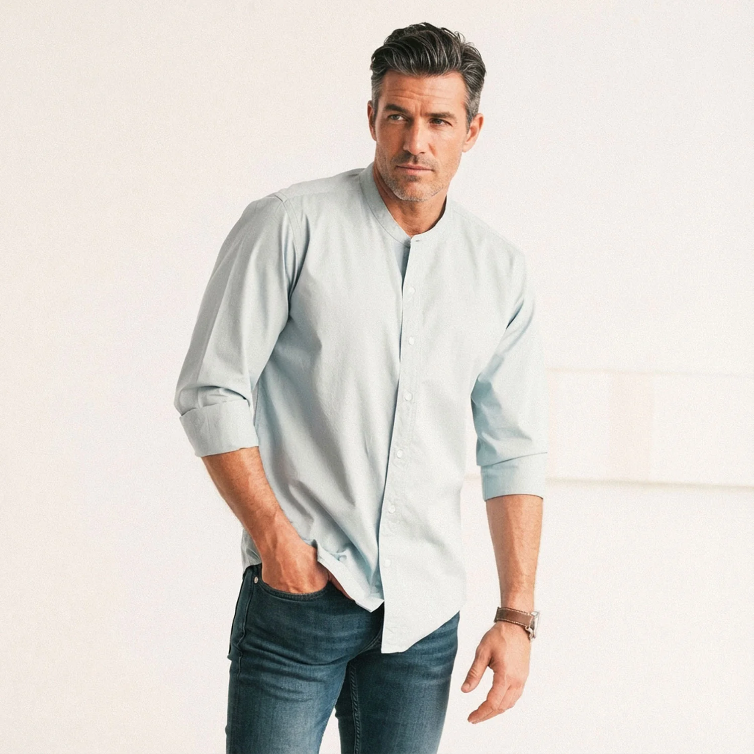 Essential Band Collar Button Down Shirt - Light Blue Twill - Image 4